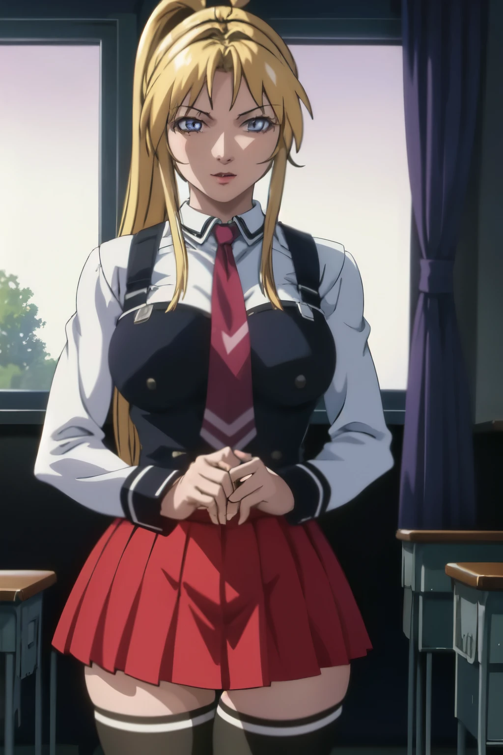 masterpiece, best quality, highres, 1girl kaori saeki,  school uniform spaghetti strap black vest red necktie red skirt black thighhighs, classroom, cowboy shot, (excited:0.3), looking at viewer, focus solo 