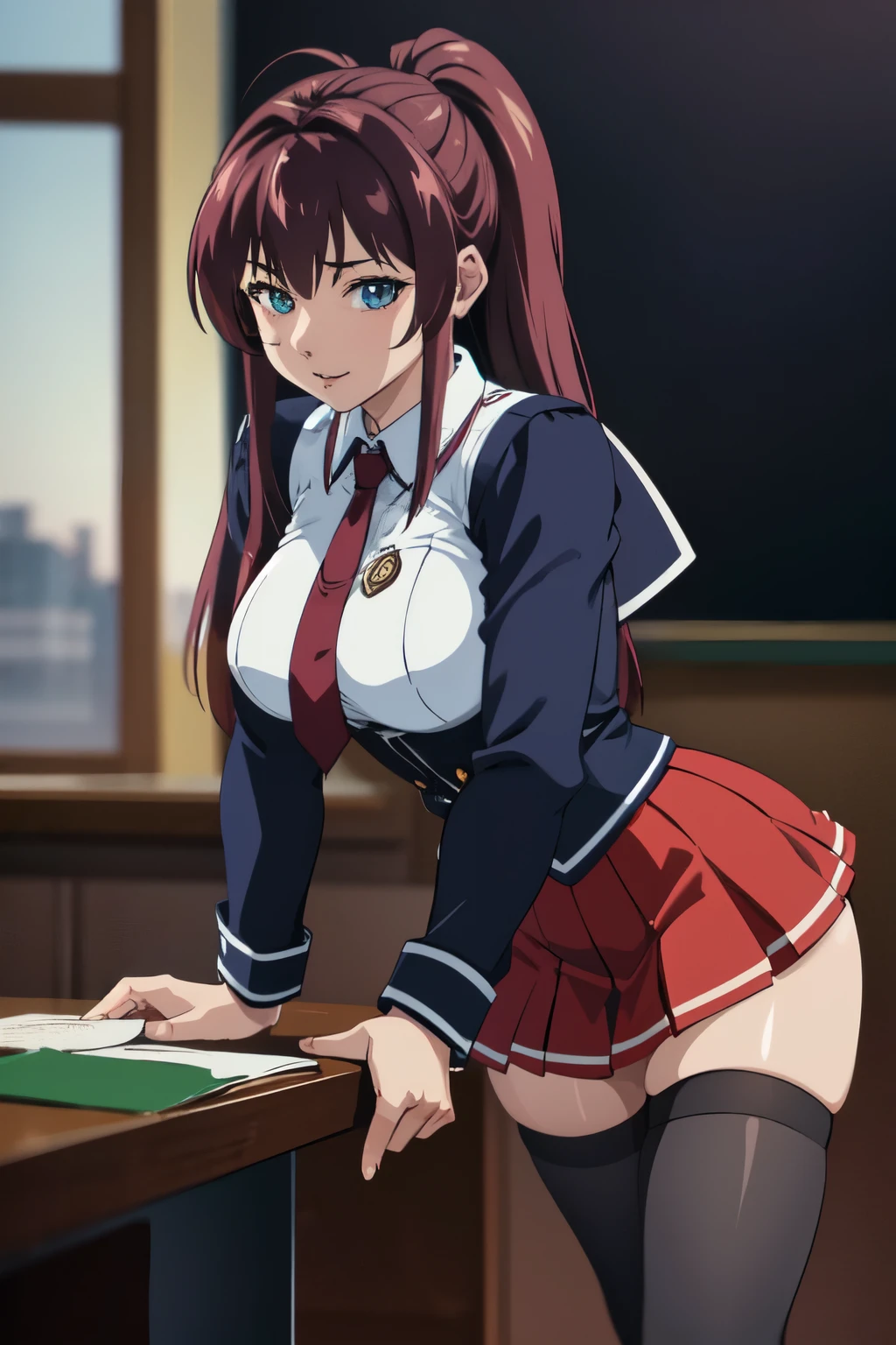 masterpiece, best quality, highres, 1girl kaori saeki,  school uniform but with exposed breasts, skin tight red skirt, black thigh high stockings, classroom, cowboy shot, horny, looking at viewer, focus solo 