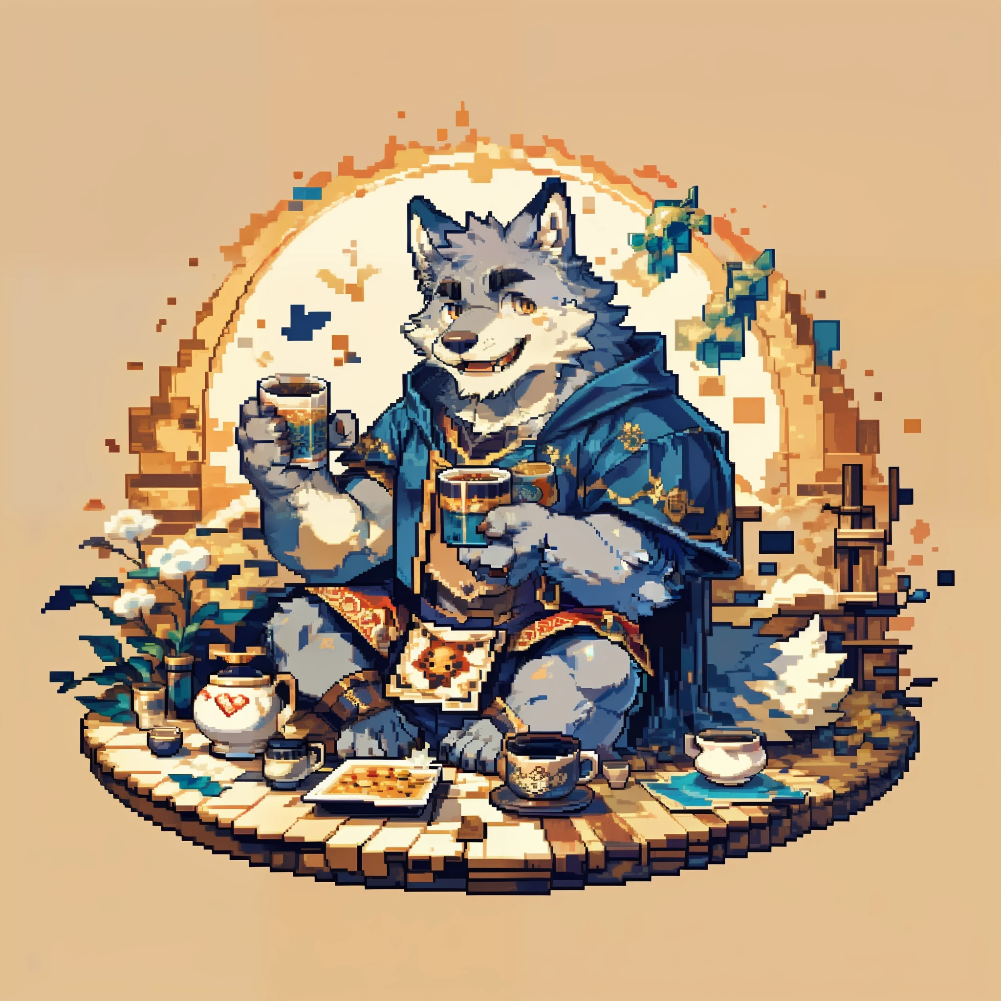 Scribble wolf face, ((cute)), anthro(wolf), (gray-black fur:1.5), white beard, (knight costume, long red cherry cloak), smile, looking at viewer, open mouth, happy, printmaking style, by takemoto arashi, by kamyuel, by milkytiger1145, by 96panda, ((holding cup of tea)), (steamed tea:1.2), relaxed, enjoying the tea, (pixel art:1.5), pixelated, solid color, (sitting on tatami), (chibi:1.2)