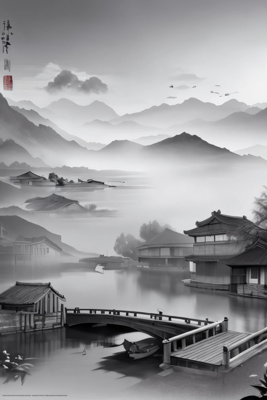 (HRD, HUD, 8K),,(masterpiece, best quality), highly detailed,,greyscale, bamboo, boat, bridge, building, chinese text, cloud, lake, mountain, river, water, flower, flock, flying, horse, house, fog,