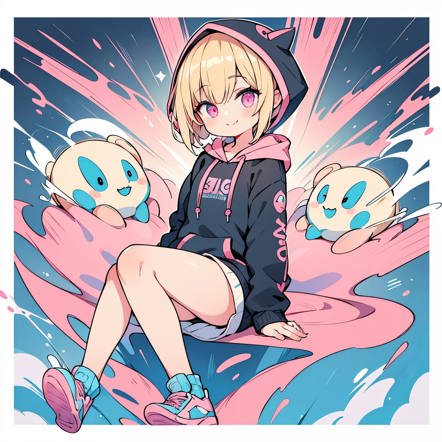 blonde girl with short cut),(((black, pink and blue hoodie))),pink eyes,open your mouth, A sluggish smile, Full body Esbian,(Little),(solo),(Highest image quality, In 8K, masterpiece, super detail),