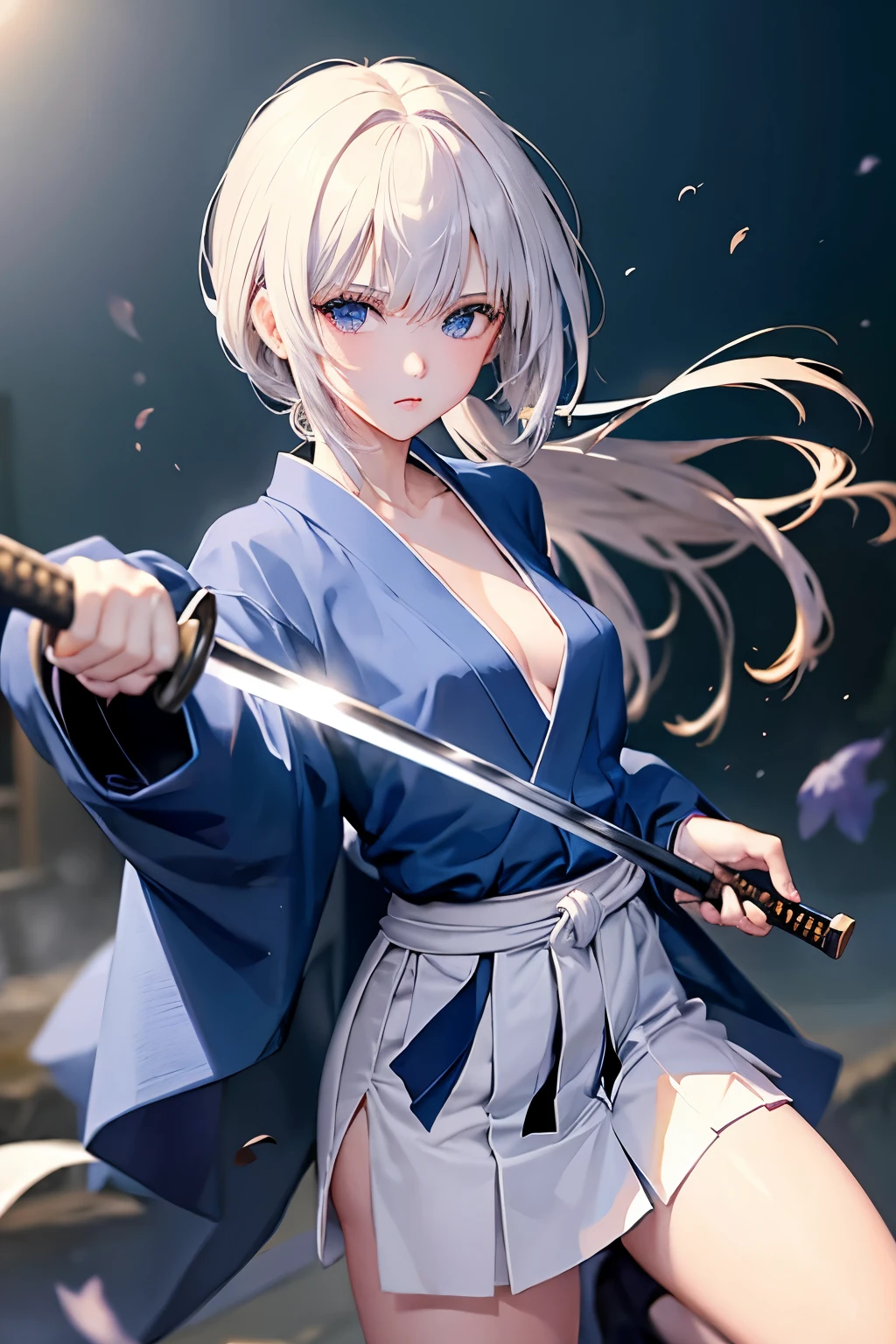 （（high quality、masterpiece、detailed、normal body、５This finger、Precise、delicate））、beautiful girl swordsman（（Holds a Japanese sword in the right hand、holding the scabbard in the left hand、silver hair））、black racy robe、white racy mini skirt、moonlight、wielding a Japanese sword、Battoujutsu、Iai、pulls out a Japanese sword from its sheath、Feminization:1.7