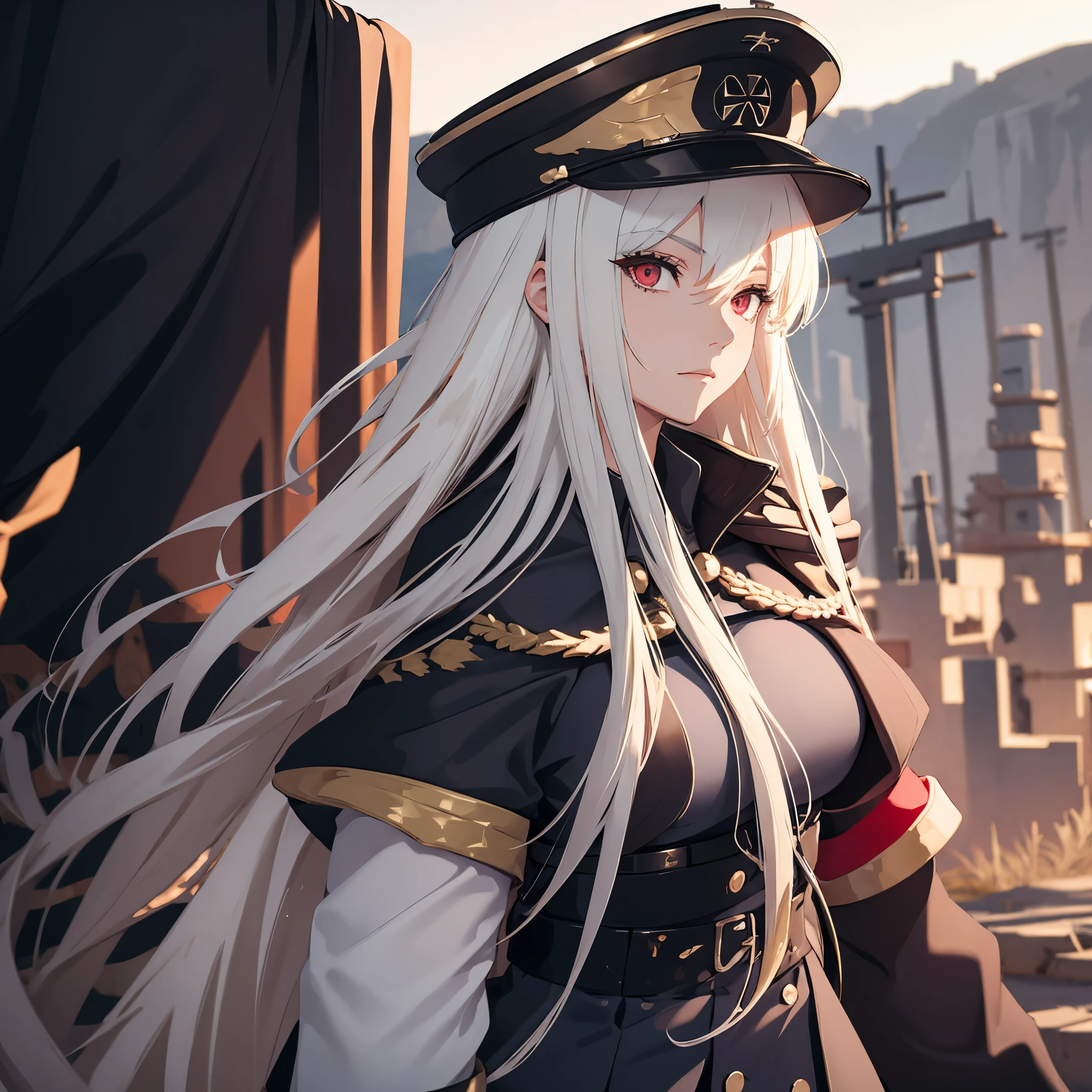 A girl wearing a black military uniform with gold details, wearing a black military hat with an iron cross, long white hair, red eyes, big breasts, cape with gold details, holding a medieval sword, a military fortress behind with a flat place.
