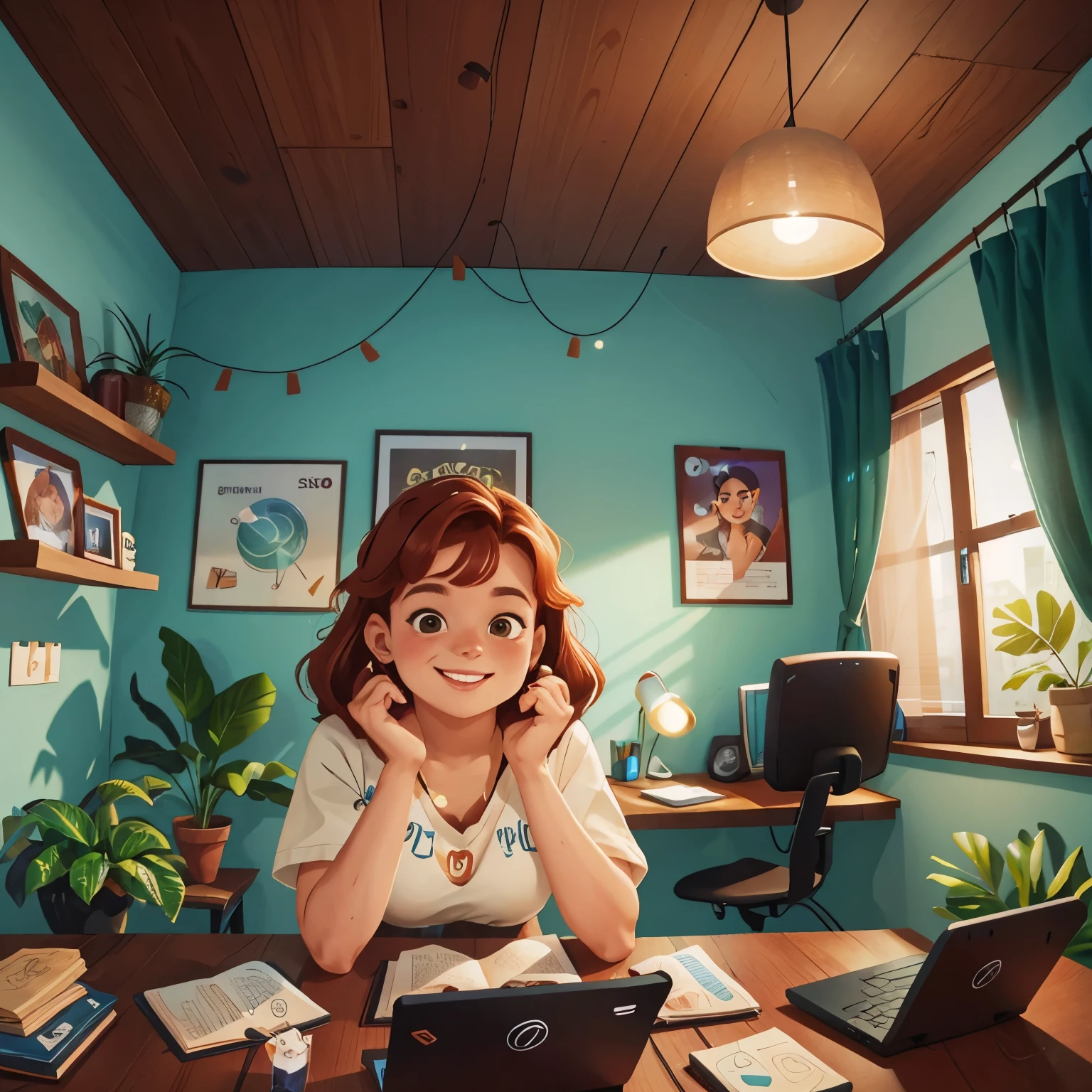 uma mulher ruiva com 20 anos em um quarto bonito olhando para um computador e feliz