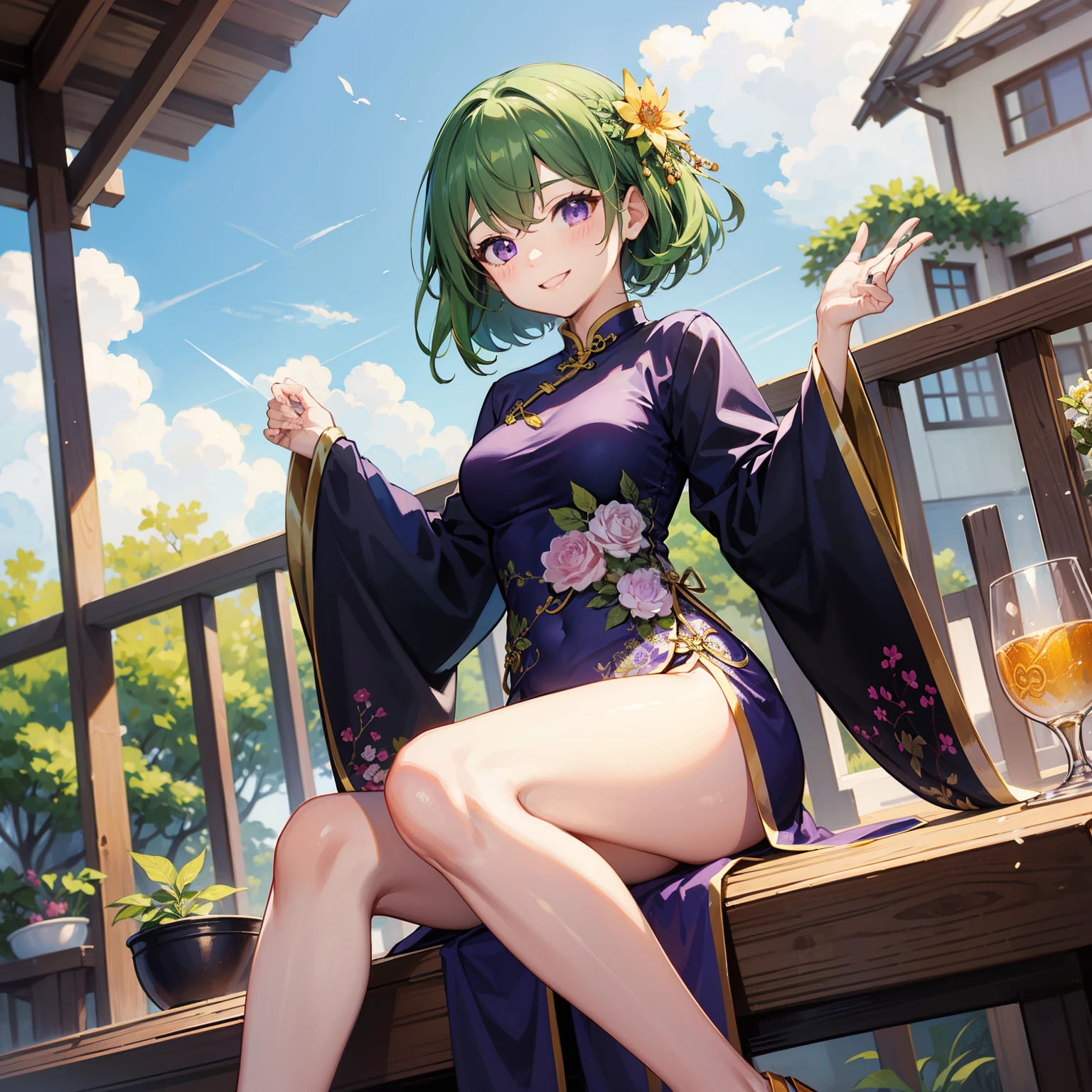 (masterpiece、highest quality)green hair、purple eyes、short hair、smile、fine、cheongsam clothes、1 girl、outdoors、sunny、Hatsuratsu、fineな女の子、anime、Beautiful leg lines、Long China