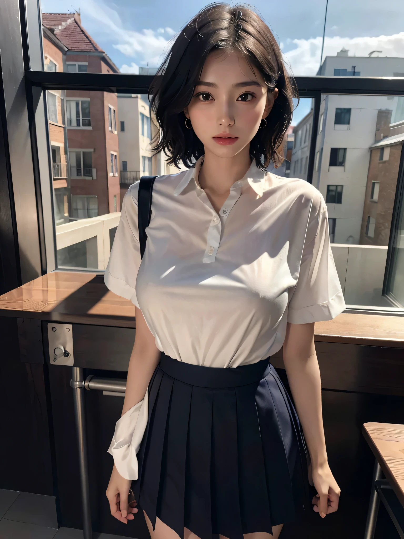 disorganized, RAW photo, very delicate and beautiful, masterpiece, highest quality, ultra high resolution, 32K, surreal, super detailed, perfect ???????, perfect figure, super dense skin, Highly detailed CG 8k wallpaper, 20's, Very slim body, tight waist, very small head, very small face, delicate facial features, tearful mole, earrings, thin legs, (very huge round breasts:1.2), (full body shot:1.1), (1 girl:1.2), short hair, (wavy hair:1.2), (wet clothes:1.1), (school uniform:1.2), dress shirt,