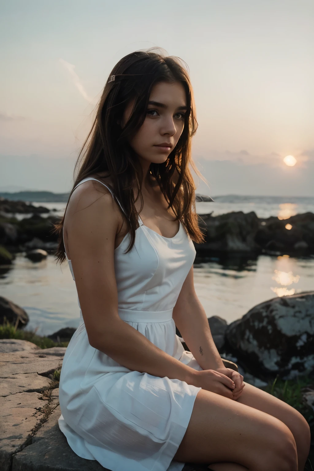RAW photo, beautiful 21 y.o woman, cute face, wearing white dress, sad face, hard shadows, cinematic shot, dramatic lighting, light brown hair. Sitting on a rock, looking at a sunset.