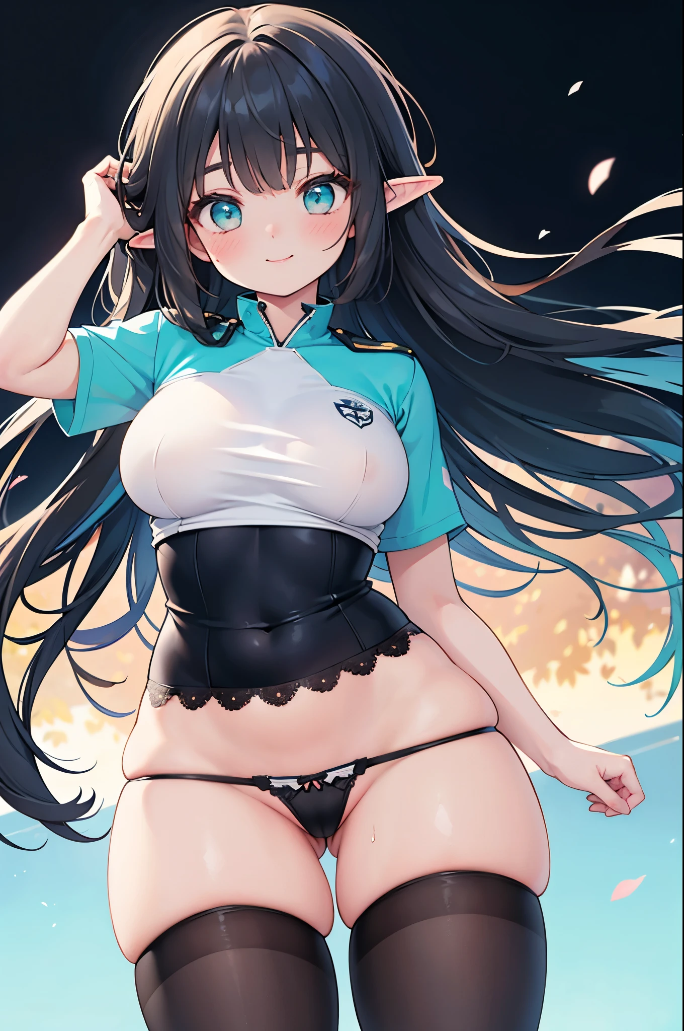 realistic image, coherent image, detailed image, 1 beautiful elf. She has long hair, turquoise black hair. Turquoise eyes, long eyelashes. Her face is oval and delicate. smiling, blushing. She is wearing a loose sports shirt, lace thong, mid-thigh stockings. She has a curvy body, medium breasts and thick thighs. view from above, view of her thighs. black background, uniform background.