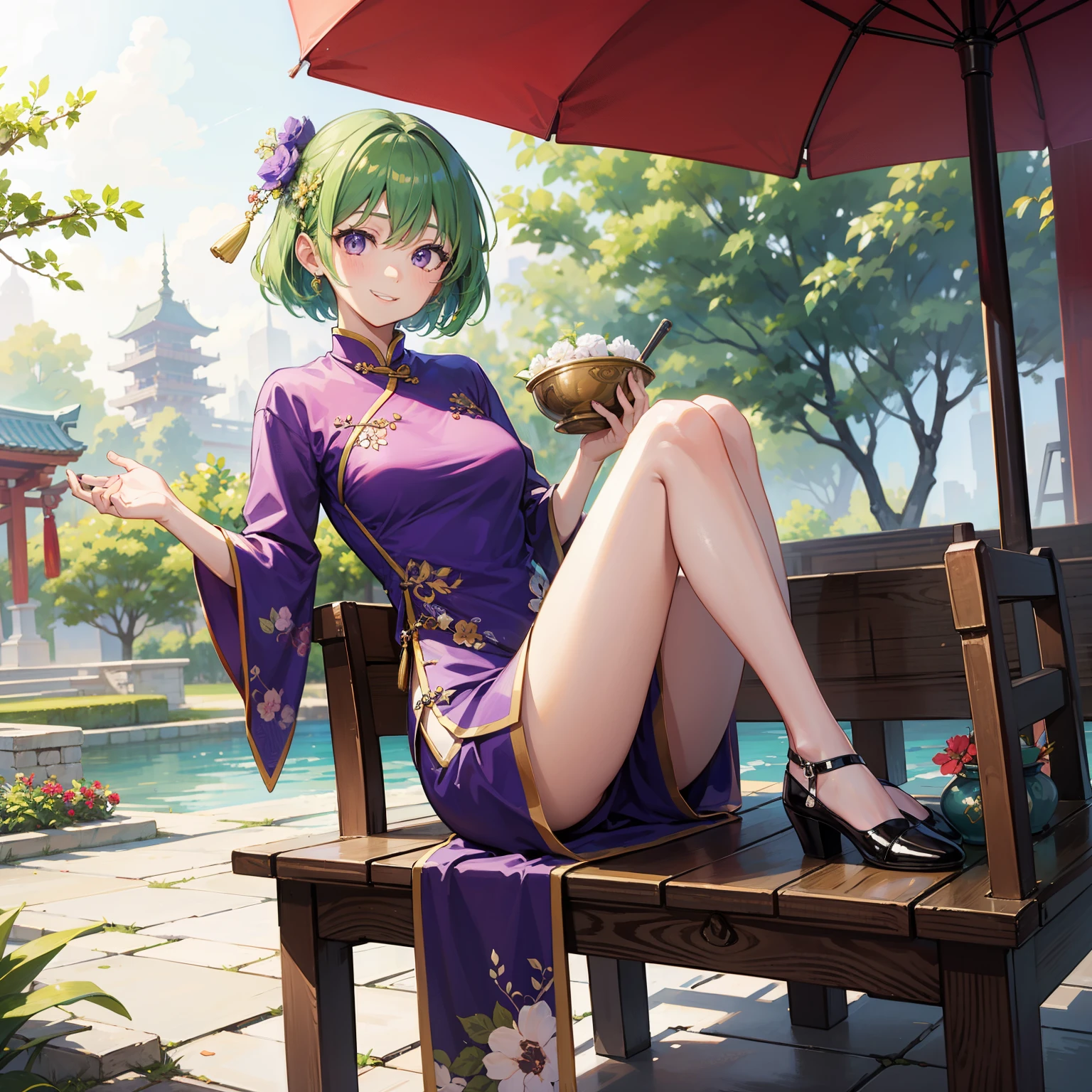 (masterpiece、highest quality)green hair、purple eyes、short hair、smile、fine、cheongsam clothes、1 girl、outdoors、sunny、Hatsuratsu、fineな女の子、anime、Beautiful leg lines、Long China