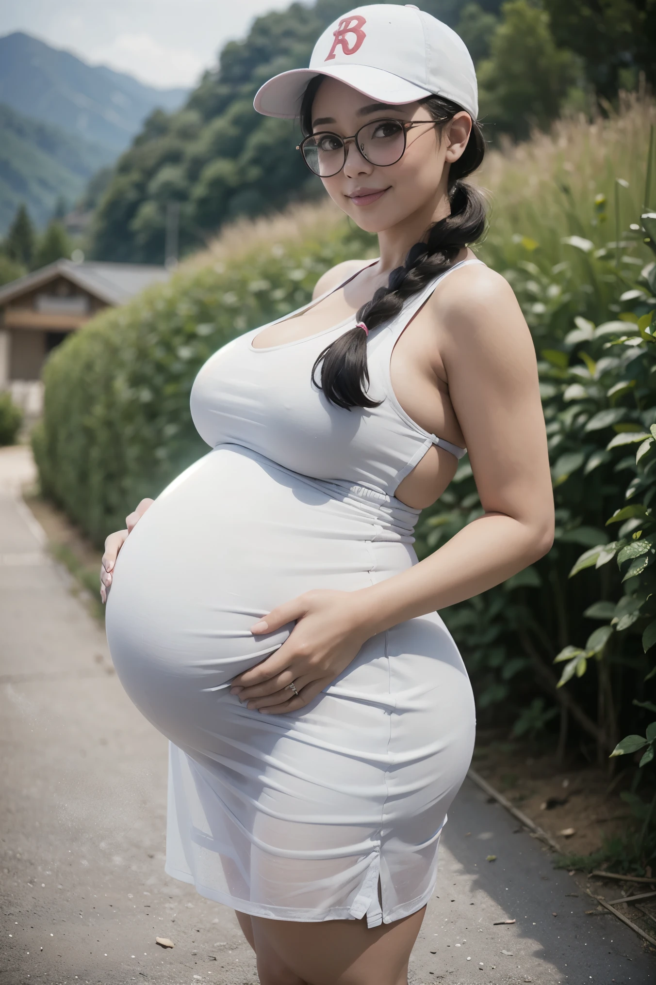 Beautiful woman, curvy body shape, wide waist, fitting breasts, (huge pregnant),curvy accentuated booty, pigtails, light smile, glasses, baseball cap, taniaayusiregar, transparent summer dress, sneakers, posing for a picture, small Mountain village in background, photorealistic, Masterpiece, bokeh, summer, High angle shot