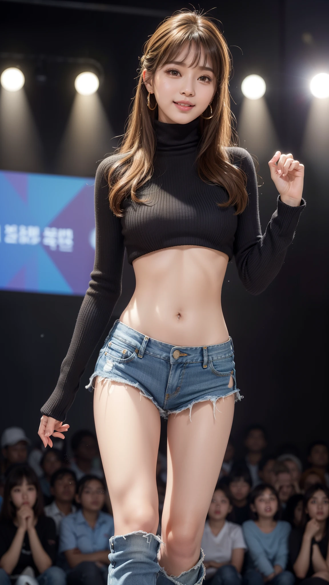 8k, table top, Raw photo, highest quality, realistic, Wallpapers with extreme details CG Unity 8k, Depth of the bounds written, cinematic light, Lens flare, ray tracing, (very beautiful face, beautiful lips, beautiful eyes), face with intricate details, ((ultra detail skin)) 1 girl, (Korean model Kim Da-eun, Dhoni), (Korean model Kim Da-eun, Dhoni), (Korean model Kim Da-eun, Dhoni), (Korean model Kim Da-eun, Dhoni), (Korean model Kim Da-eun, Dhoni),1 girl, ((look up at the audience)),(A big smile:1.3), (blurred background), faint light), (no people in the background.:1.3), beautiful earrings, clear eyes, front shot, (pale skin), (Big eyes), (Big eyes) (Big eyes), (Big eyes), (Big eyes), facing forward, (full body shot), (light brown hair), おopen the navel............, (look up at the audience:1.3), small hips, small hips,small hips, thin waist, small hips, ((wide open abdomen))、((open abdomen))、((wide open the navel))、((open the navel))、((????? belly))、((midriff sweater))、((Super low-rise、denim mini skirt))、 ((Navel exposed))、((small hips))、((full body description))、((small hips))、(boots)、((Super low-rise))、 ((denim tanding))、
