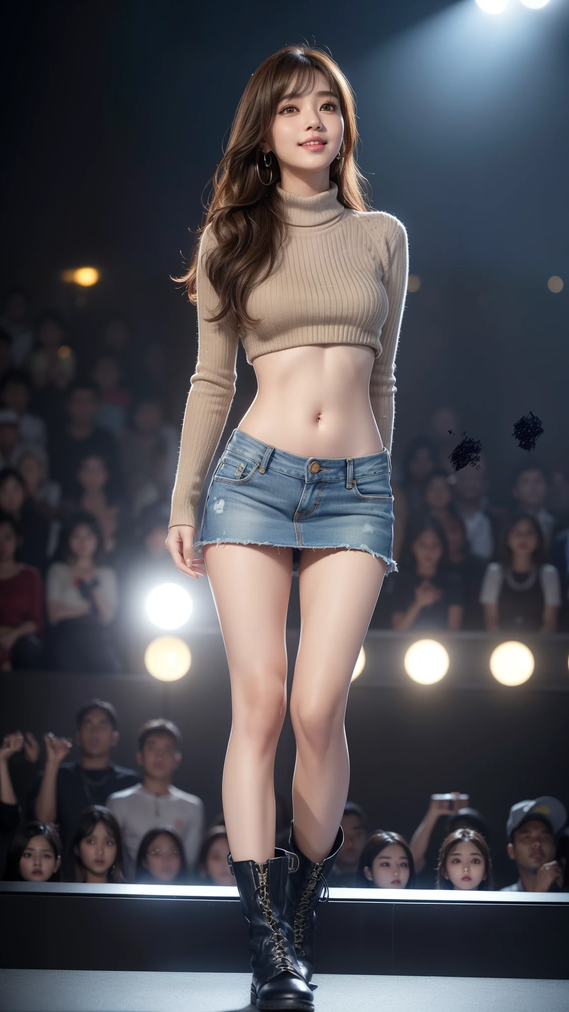 8k, table top, Raw photo, highest quality, realistic, Wallpapers with extreme details CG Unity 8k, Depth of the bounds written, cinematic light, Lens flare, ray tracing, (very beautiful face, beautiful lips, beautiful eyes), face with intricate details, ((ultra detail skin)) 1 girl, (Korean model Kim Da-eun, Dhoni), (Korean model Kim Da-eun, Dhoni), (Korean model Kim Da-eun, Dhoni), (Korean model Kim Da-eun, Dhoni), (Korean model Kim Da-eun, Dhoni),1 girl, ((look up at the audience)),(A big smile:1.3), (blurred background), faint light), (no people in the background.:1.3), beautiful earrings, clear eyes, front shot, (pale skin), (Big eyes), (Big eyes) (Big eyes), (Big eyes), (Big eyes), facing forward, (full body shot), (light brown hair), おopen the navel............, (look up at the audience:1.3), small hips, small hips,small hips, thin waist, small hips, ((wide open abdomen))、((open abdomen))、((wide open the navel))、((open the navel))、((naked belly))、((midriff sweater))、((Super low-rise、denim mini skirt))、 ((Navel exposed))、((small hips))、((full body description))、((small hips))、(boots)、((Super low-rise))、 ((denim tanding))、