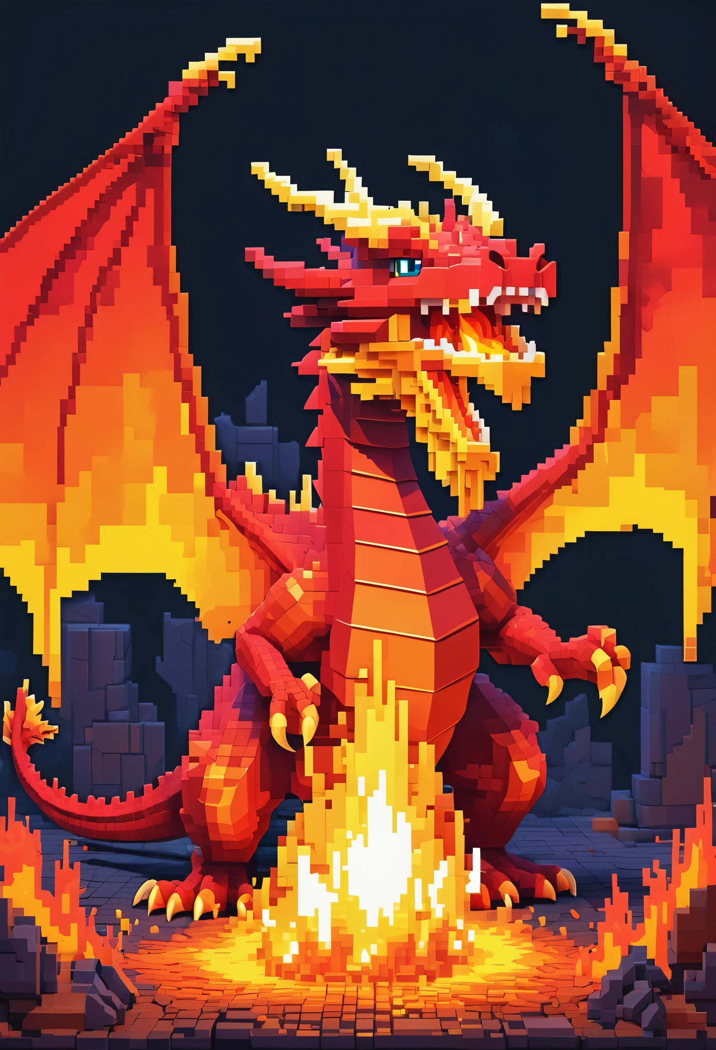 A pixel art dragon (blocky) breathes fire, a video game title in the flames