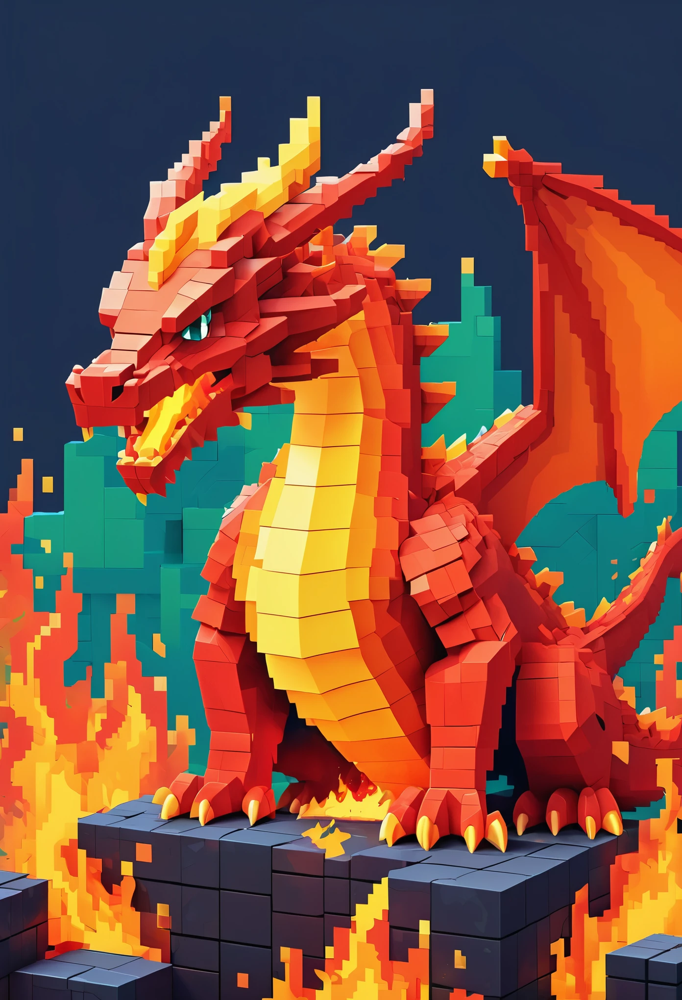 A pixel art dragon (blocky) breathes fire, a video game title in the flames