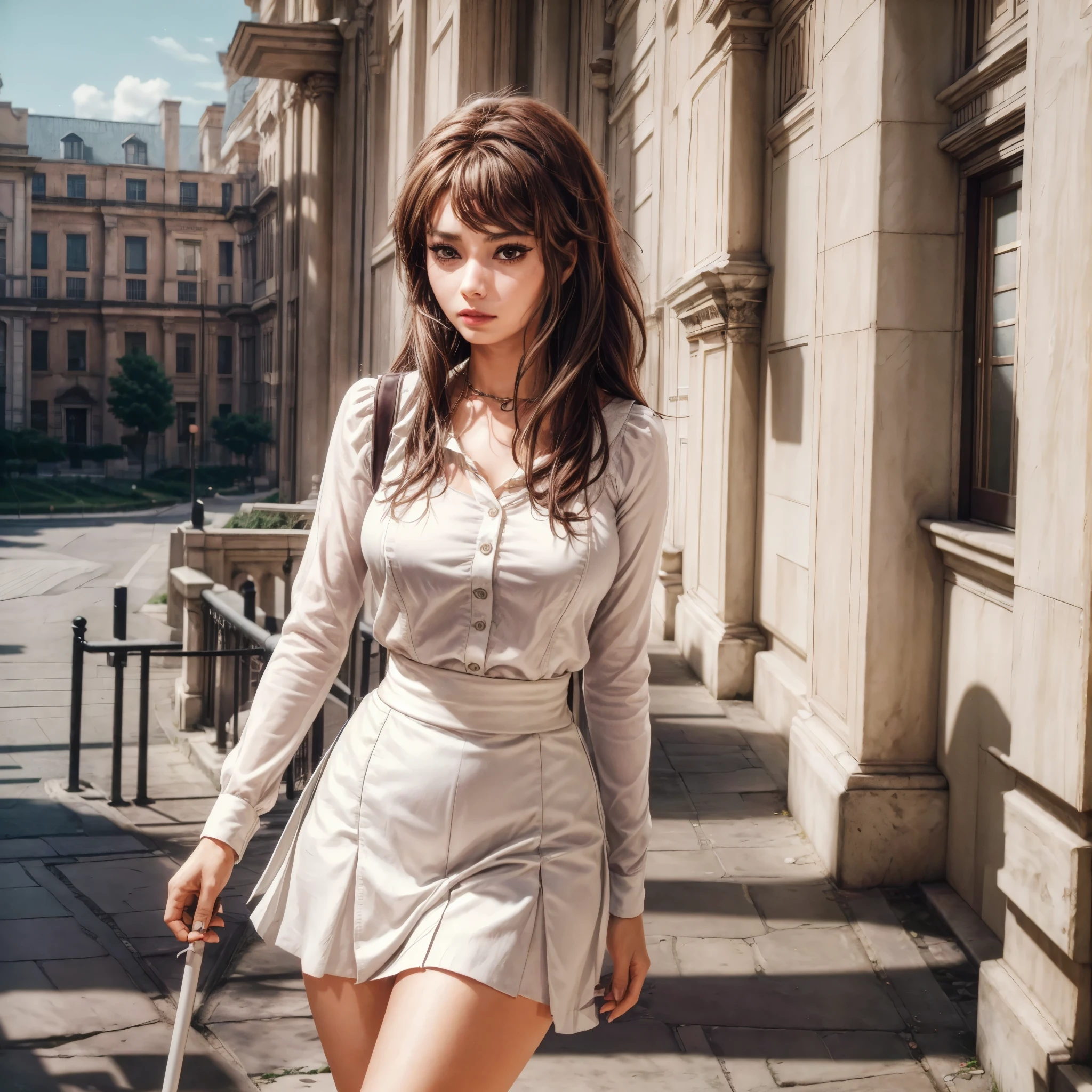 (best quality,4k,8k,highres,masterpiece:1.2),ultra-detailed, Roman goddess Fortuna as a college student, Bind woman using a white cane,  black skirt, white button up top, in front of campus library, collegev  campus, HDR, 8k, absurdres, cinestill 800, sharp focus, add_detail:3 (solo woman)