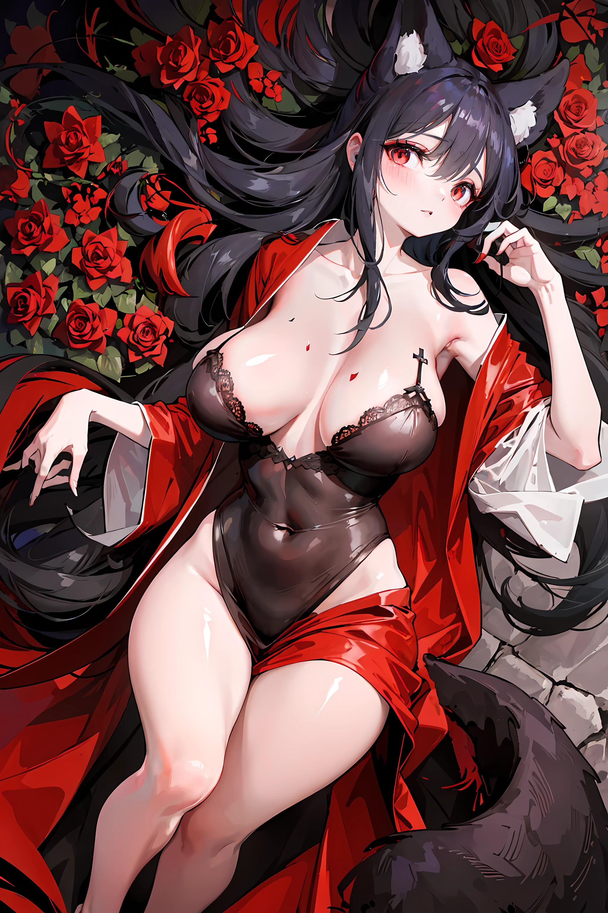 (8k,high resolution,masterpiece:1.2),devil girl,red corner,beautiful and delicate eyes,Beautiful and delicate lips,Extremely detailed eyes and face,long eyelashes,Sexy long black hair,fiery red eyes,Wearing a dark flowing robe,Floating in a misty forest under the moonlight,Red eyes penetrate the darkness,The soft and ethereal light reflects her graceful figure,Subtle shadows dance around her,Red rose surrounded by thorny vines,A sinister yet fascinating presence..,Depicted with dark and dramatic chiaroscuro lighting,Create an unforgettable and charming atmosphere,A clever fusion of traditional oil painting and digital art,evoke a sense of mystery and,Perfectly capturing the beauty and darkness of the enchantress,lace dress,yukata,Lace lingerie