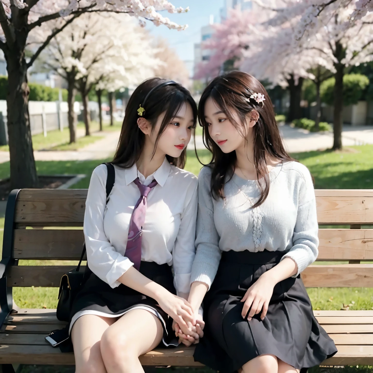 Two cute high school girls sisters are holding hands and sitting close together, listening to music on headphones、Idol level cutenesy slender older sister has long black hair and holds a smartphone in her hand.、My sister with big breasts has short brown hair.、We look at each other with loving expressions、spring clothes、On a bench in a park where cherry blossoms are blooming、masterpiece、
