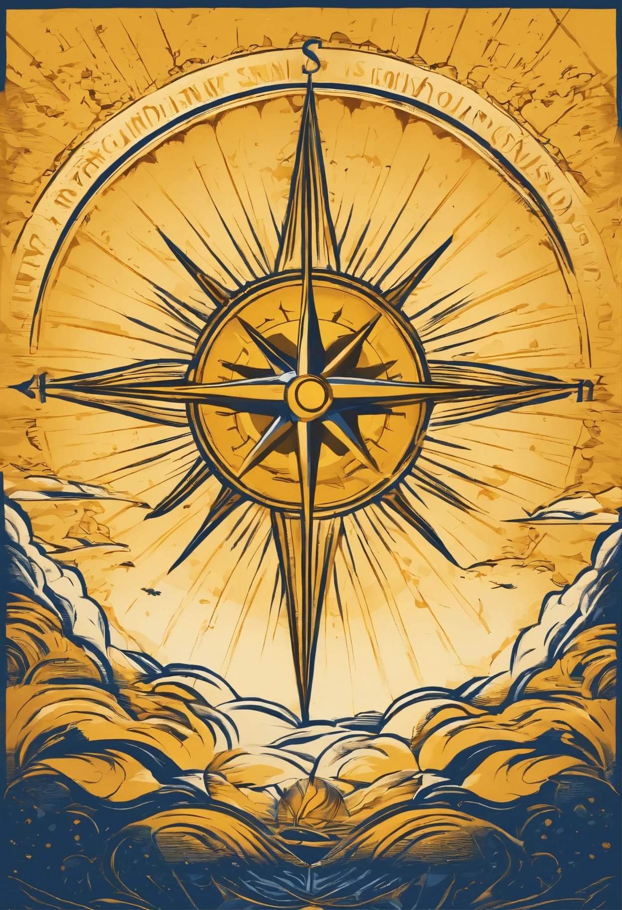 logo Sol, compass inside the sun, titulo SOLEIL, health care subtitle, color principal amarillo, color secundario azul