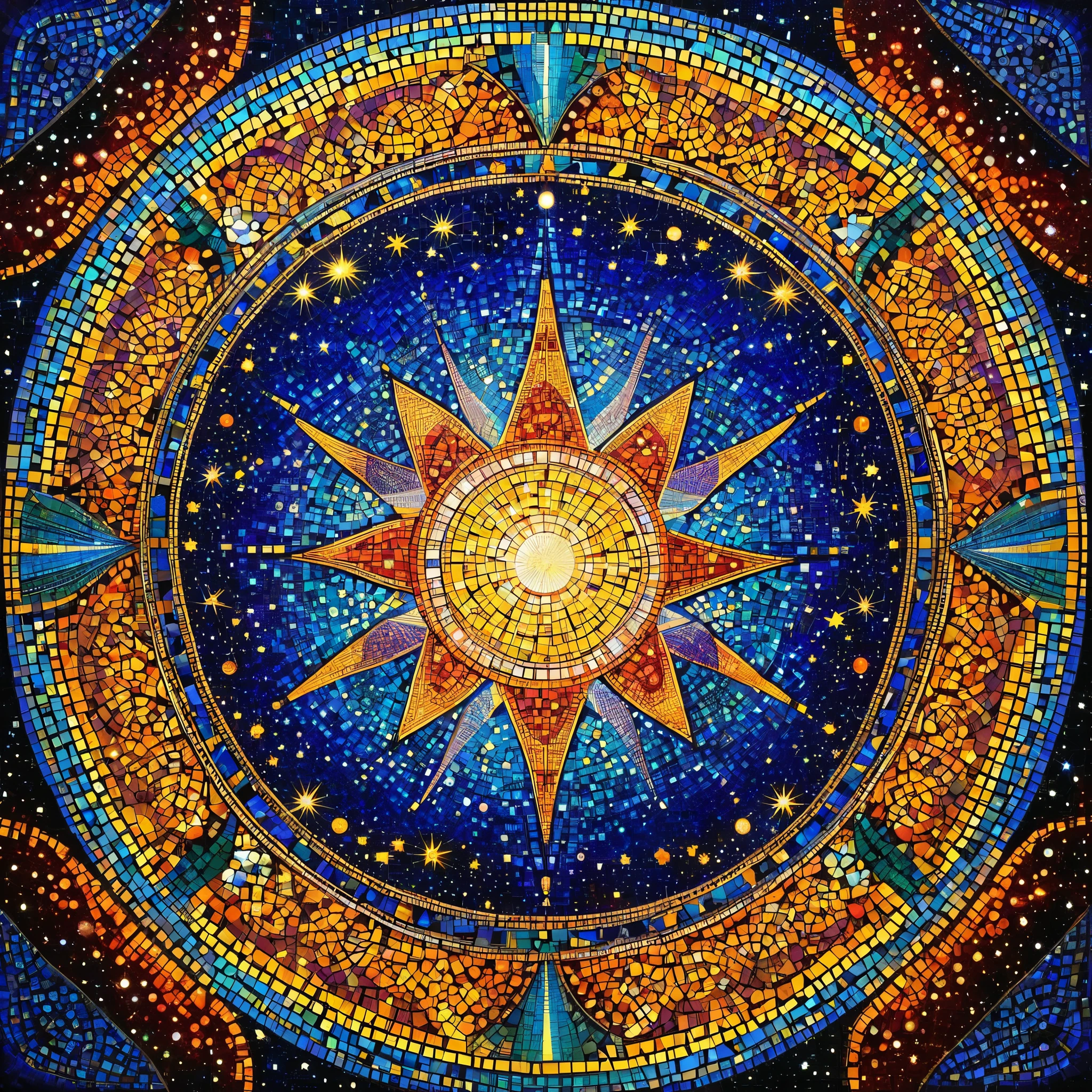 "Galactic Mosaic": A mosaic of cosmic proportions, inspired by the intricate designs of Byzantine art, with radiant colors and elaborate patterns.