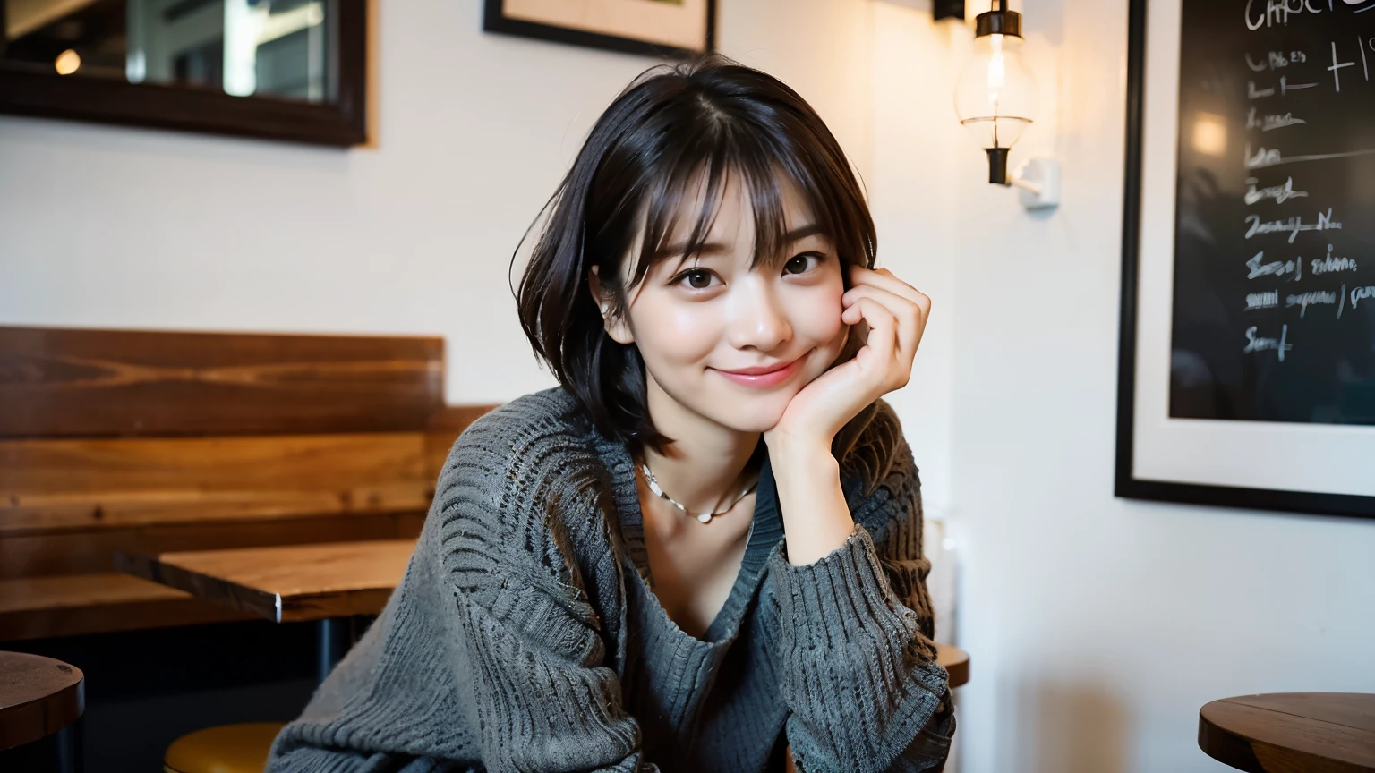 (最high quality、8k、32K、masterpiece:1.2)、A photo of a female college student who looks like a cute model、normal breasts、short bob hair、Upper body、face focus、extra large_sweater、necklace、look at the audience、background a trendy coffee shop with a unique aesthetic and atmosphere. Incorporate elements like modern furniture, artistic decoration, and ambient lighting to enhance the ambiance. People who enjoy drinks々Consider including, engaging in conversation, or quietly working on laptops. Let your creativity flow、In this chic café setting「stable diffusion」Let the idea come to life, I can see other customers enjoying themselves too..。At the back of the cafe、Staff are busy working at the counter.、Feel the vibrancy and warmth of a city cafe.., sharp focus, 1 girl, sexy 1.2, brown hair, With bangs, fine eyes, Beautiful eyes with long slits, double eyelid, (cat face), (cute Face), cute Smile, (close your mouth), (cute), soft skin, surreal, Super detailed, high quality, (Beautiful female college student with short hair studying in a cafe), ((Detailed very cute college girl),