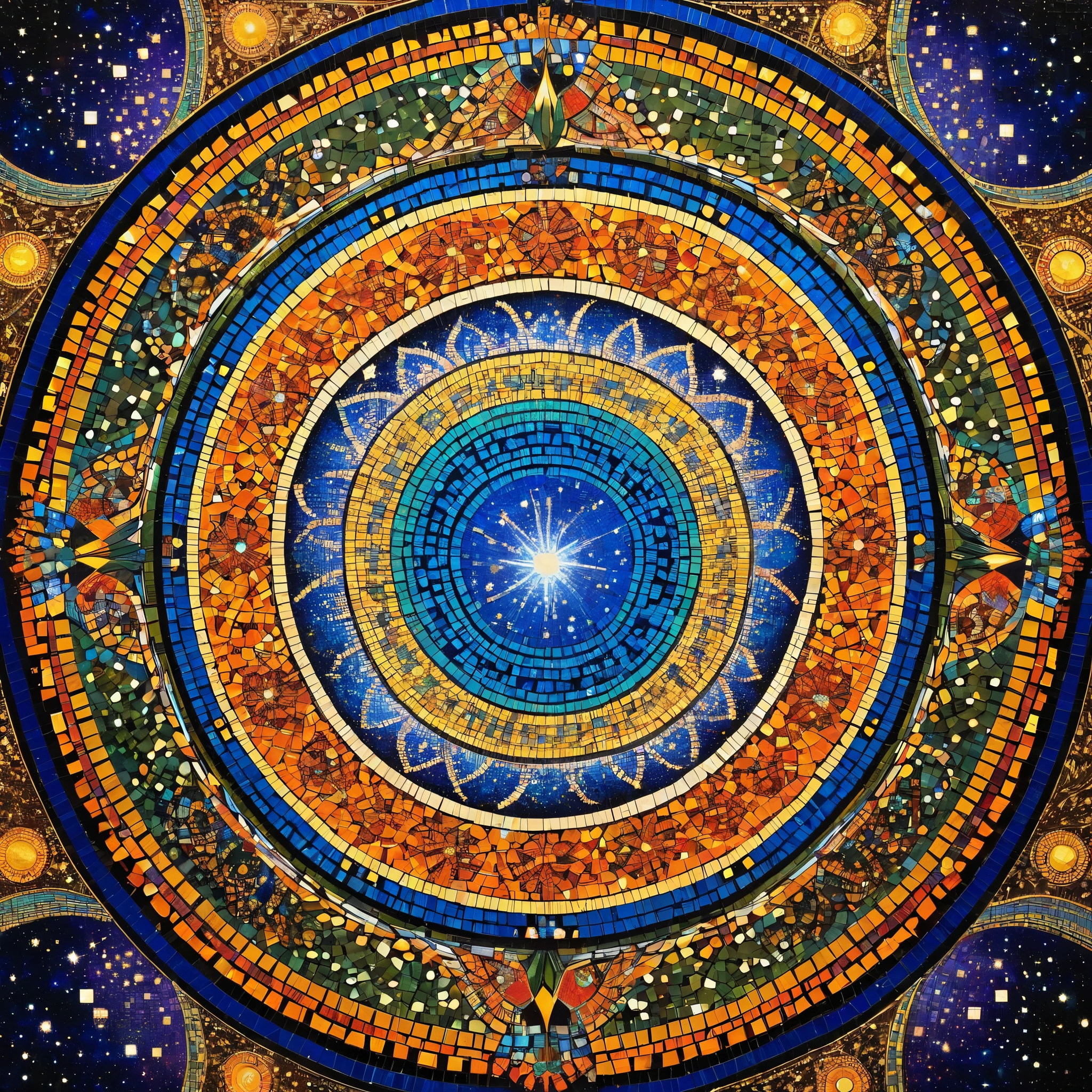 "Galactic Mosaic": A mosaic of cosmic proportions, inspired by the intricate designs of Byzantine art, with radiant colors and elaborate patterns.