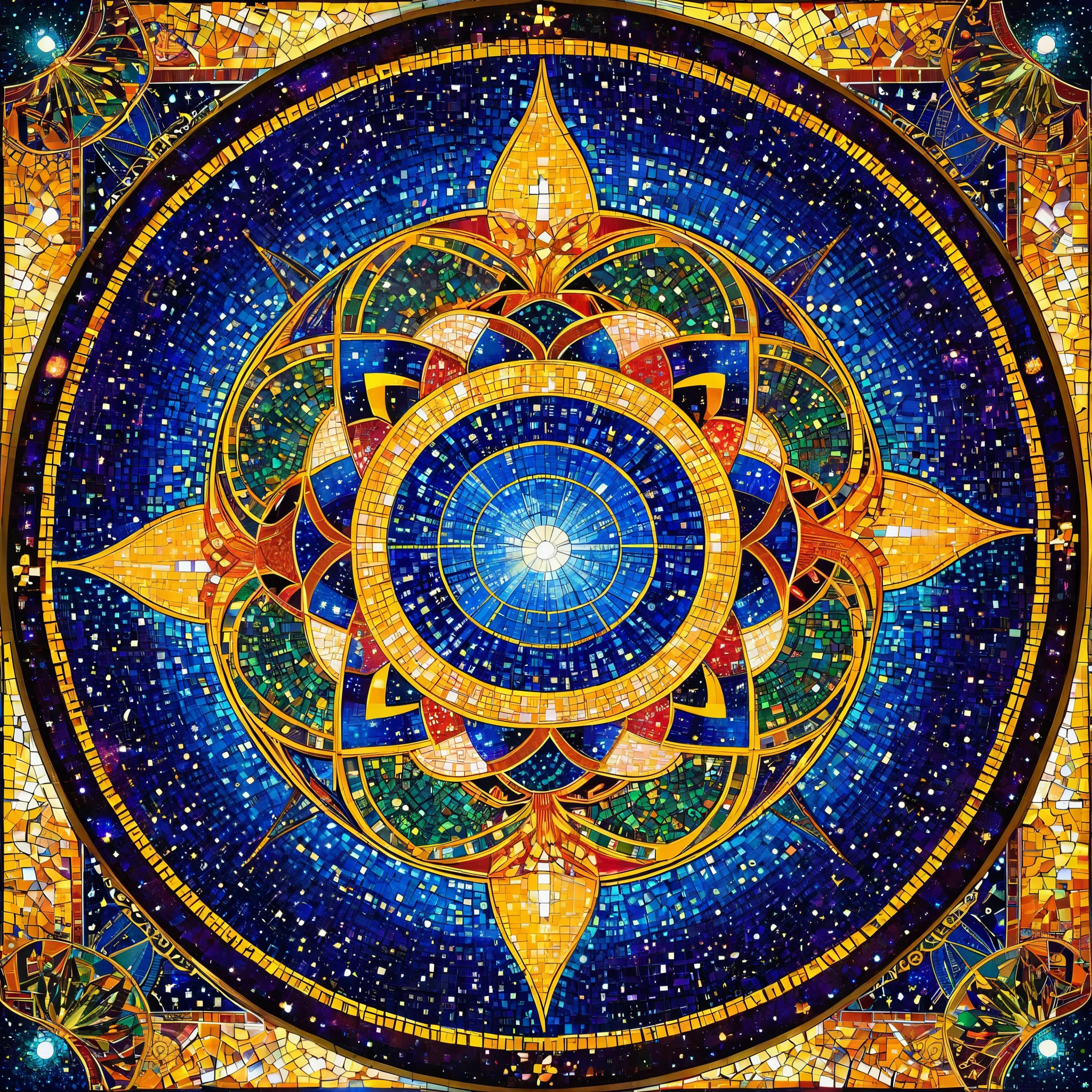 "Galactic Mosaic": A mosaic of cosmic proportions, inspired by the intricate designs of Byzantine art, with radiant colors and elaborate patterns.