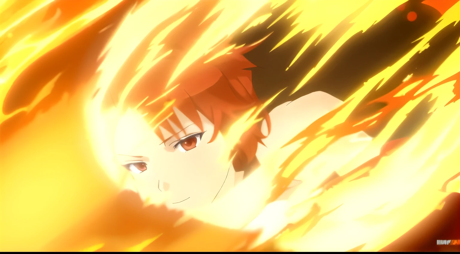 anime, A girl with red hair and a fiery red dress., Flames surround her, 