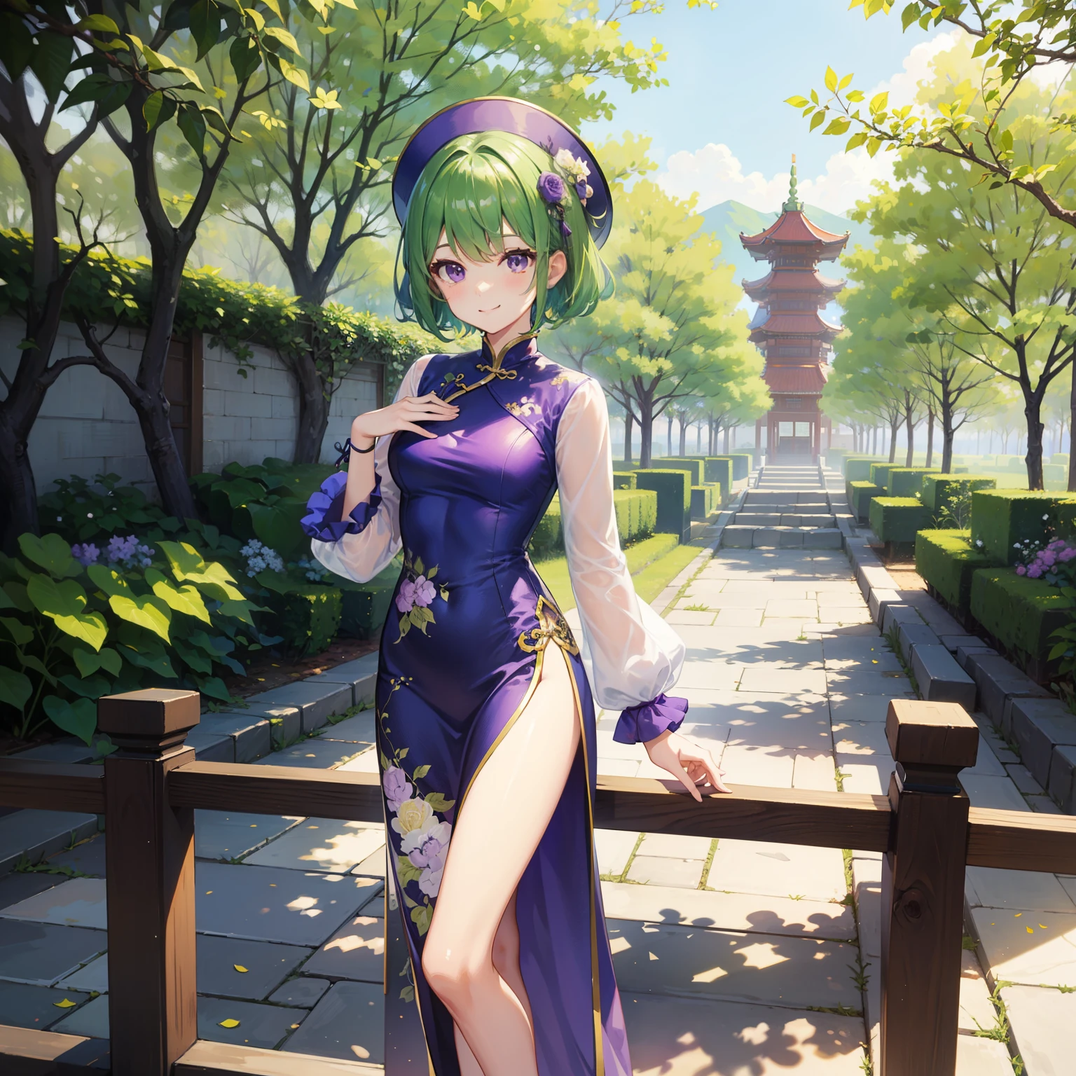 (masterpiece、highest quality)green hair、purple eyes、short hair、smile、fine、cheongsam clothes、1 girl、outdoors、sunny、Hatsuratsu、fineな女の子、anime、Beautiful leg lines、Long China、standing、standing position