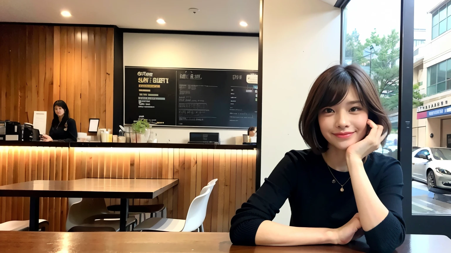 (最high quality、8k、32K、masterpiece:1.2)、A photo of a female college student who looks like a cute model、normal breasts、short bob hair、Upper body、face focus、extra large_sweater、necklace、look at the audience、background a trendy coffee shop with a unique aesthetic and atmosphere. Incorporate elements like modern furniture, artistic decoration, and ambient lighting to enhance the ambiance. People who enjoy drinks々Consider including, engaging in conversation, or quietly working on laptops. Let your creativity flow、In this chic café setting「stable diffusion」Let the idea come to life, I can see other customers enjoying themselves too..。At the back of the cafe、Staff are busy working at the counter.、Feel the vibrancy and warmth of a city cafe.., sharp focus, 1 girl, sexy 1.2, brown hair, With bangs, fine eyes, Beautiful eyes with long slits, double eyelid, (cat face), (cute Face), cute Smile, (close your mouth), (cute), soft skin, surreal, Super detailed, high quality, (Beautiful female college student with short hair studying in a cafe), ((Detailed very cute college girl), 