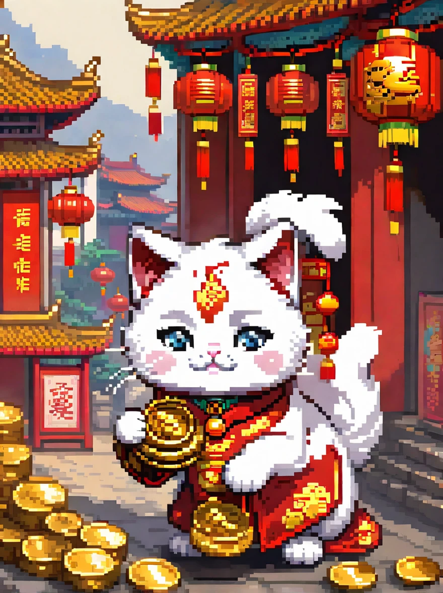 (pixel art),Lucky Cat,white cat,Holding gold ingot gold coins,Wearing golden bells,raise front paw,splendid,Background full of gold coins,magnificent,Chinese traditional lion dance scene,bright red tone,Anthropomorphism is super cute