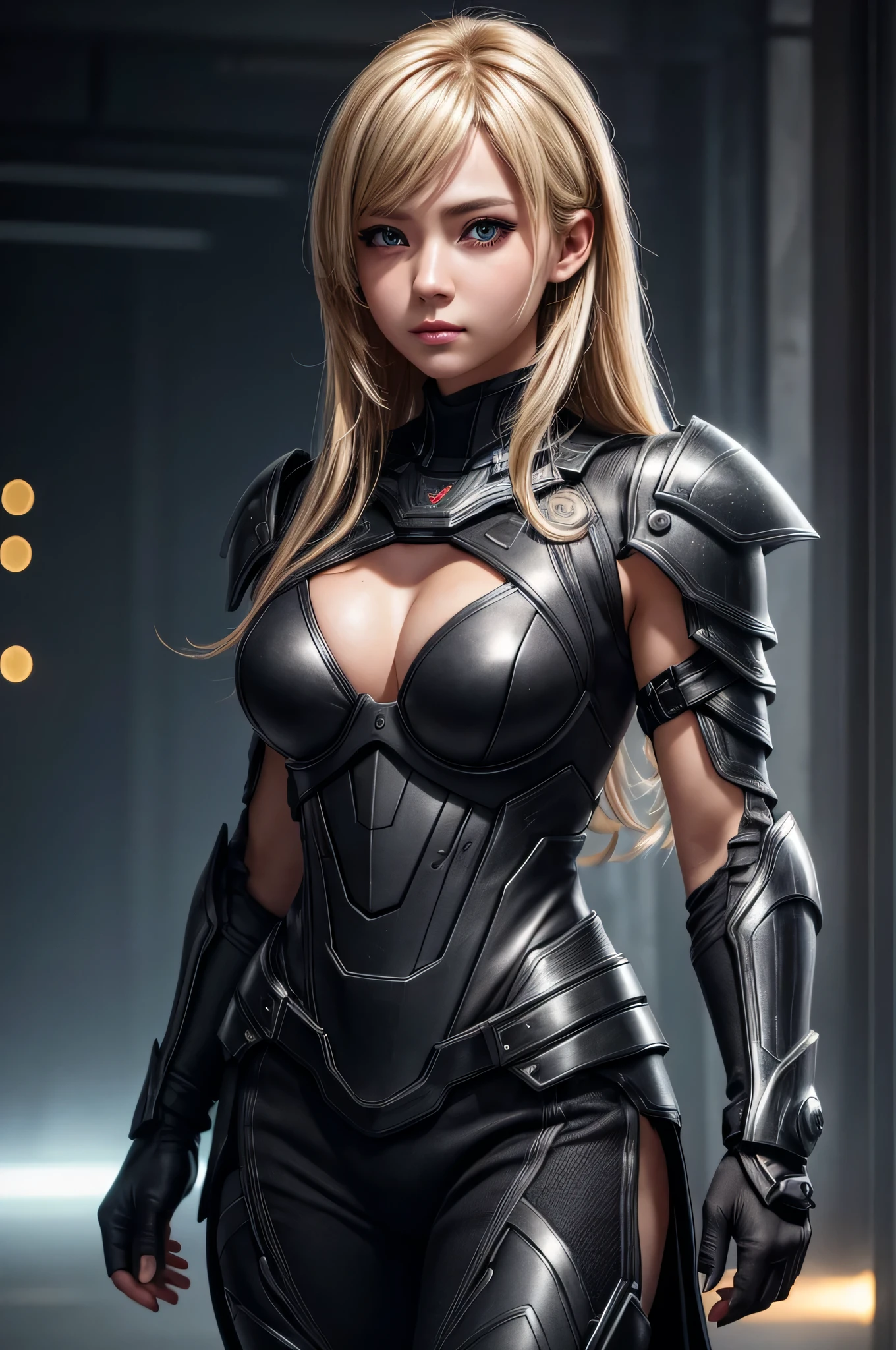 Highest image quality、8K Masterpiece、ultra high resolution、(Photorealsitic:1.3)、Raw photo、1 girl、golden hair、glowing skin、1 super beautiful cyberpunk soldier、((Super realistic details))、Portrait、global illumination、shadow、octane rendering、8K、ultra sharp、beautiful breastetal、cool color、very intricate details、realistic light、CG Society Trend、beautiful eyes、shining eyes、facing the camera、neon details、dark armor dress, show viewer, dark colored gloves, hair between eyes, black dress, chest plate, black armor, medium hair, blonde