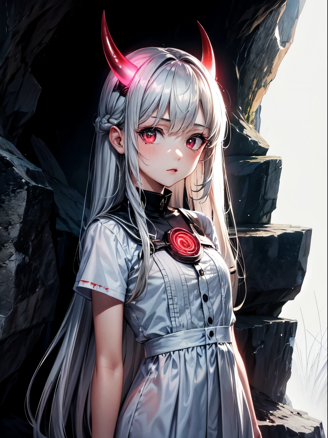 (1 girl, oni horn, long hair, glowing red eyes, dress), (gray, gray theme, inside the cave, backlight, fog), facing, looking at you