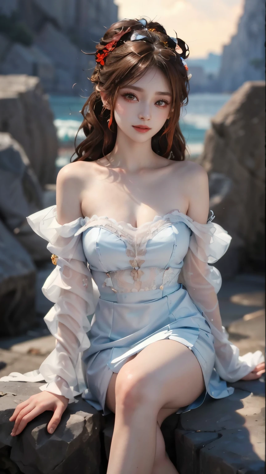 (Modify hair only、Face)Light blue transparent dress,Reddish-brown hair,curls,ponytail,Nice bun,Perfect hairstyle,red headdress,red eyes,red eye,red pupils,Delicate and detailed eyes,Charming eyes,clear eyes,Red eyes,huge ,Smiling all over,white off shoulder dress
