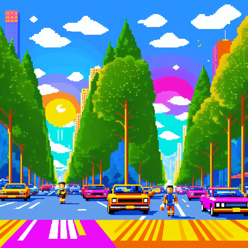 pixel art, digital drawing, vibrant colors, retro, 8-bit style, pixelated characters, detailed environment, isometric perspective, nostalgic, game sprites, low resolution, blocky shapes, dynamic lighting, vivid color palette, pixel clouds, pixel trees, pixelated water, pixel characters interacting, sprite animations, limited color palette, pixel shading, retro game vibes, pixel art masterpiece:1.2
