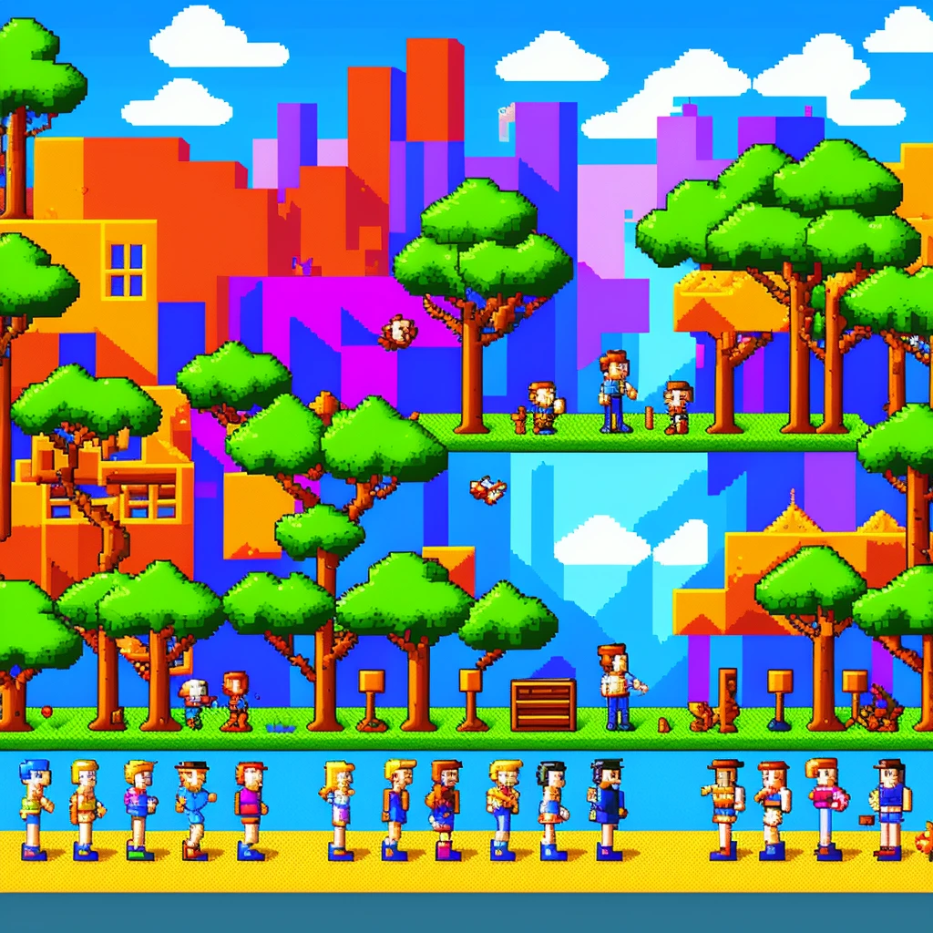 pixel art, digital drawing, vibrant colors, retro, 8-bit style, pixelated characters, detailed environment, isometric perspective, nostalgic, game sprites, low resolution, blocky shapes, dynamic lighting, vivid color palette, pixel clouds, pixel trees, pixelated water, pixel characters interacting, sprite animations, limited color palette, pixel shading, retro game vibes, pixel art masterpiece:1.2