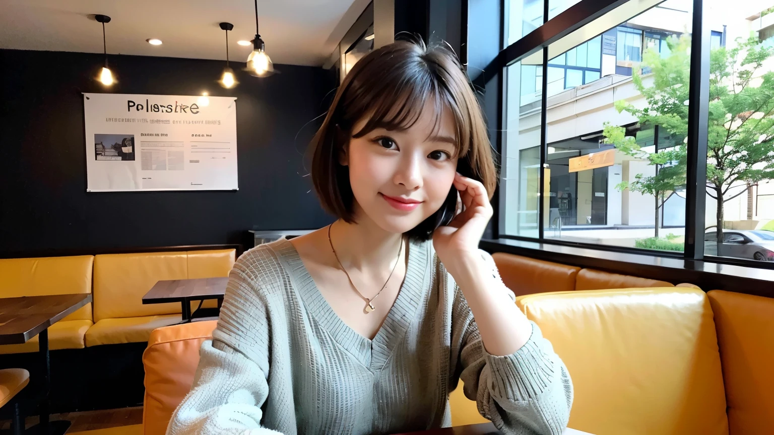 (最high quality、8k、32K、masterpiece:1.2)、A photo of a female college student who looks like a cute model、normal breasts、short bob hair、Upper body、face focus、extra large_sweater、necklace、look at the audience、background a trendy coffee shop with a unique aesthetic and atmosphere. Incorporate elements like modern furniture, artistic decoration, and ambient lighting to enhance the ambiance. People who enjoy drinks々Consider including, engaging in conversation, or quietly working on laptops. Let your creativity flow、In this chic café setting「stable diffusion」Let the idea come to life, I can see other customers enjoying themselves too..。At the back of the cafe、Staff are busy working at the counter.、Feel the vibrancy and warmth of a city cafe.., sharp focus, 1 girl, sexy 1.2, brown hair, With bangs, fine eyes, Beautiful eyes with long slits, double eyelid, (cat face), (cute Face), cute Smile, (close your mouth), (cute), soft skin, surreal, Super detailed, high quality, (Beautiful female college student with short hair studying in a cafe), ((Detailed very cute college girl),