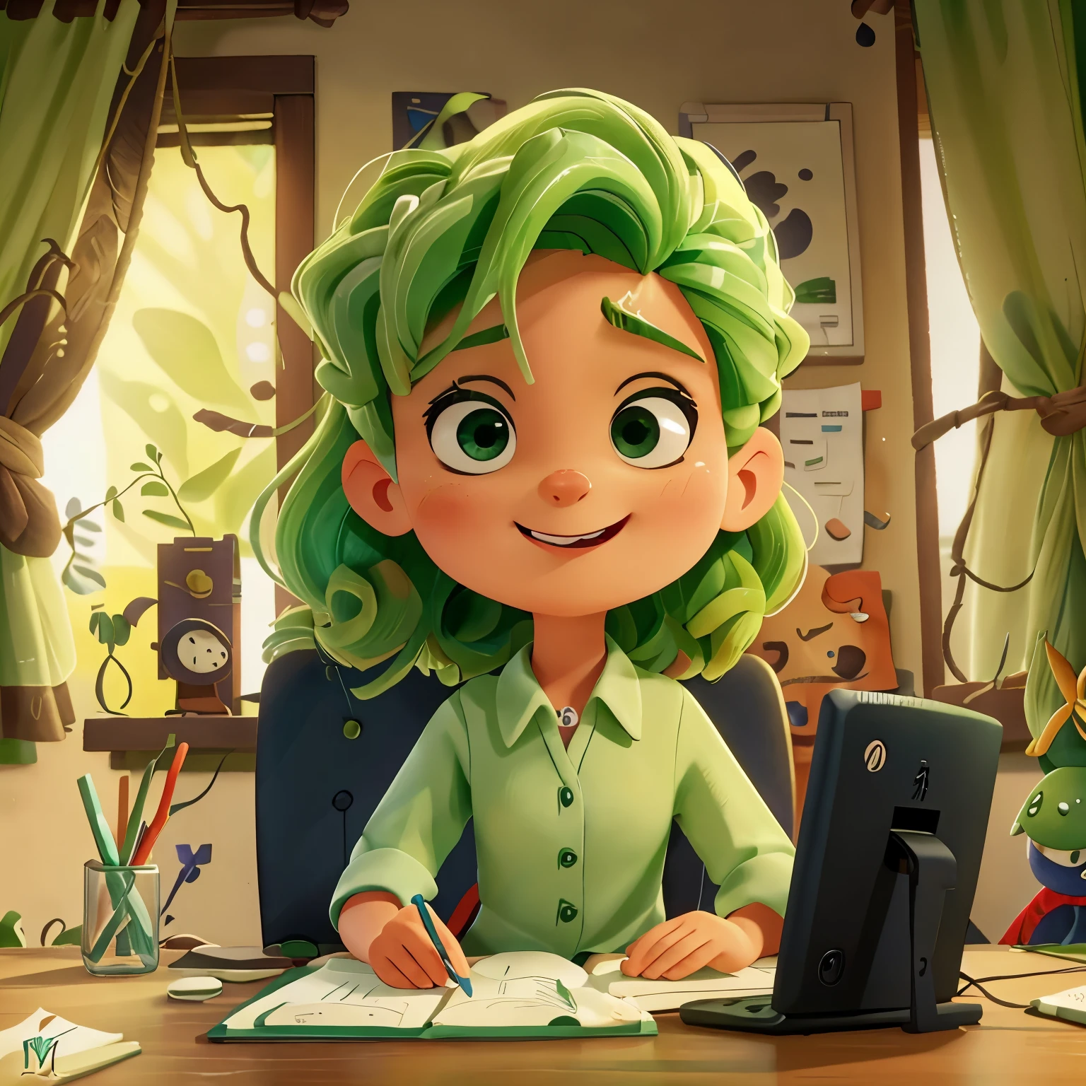 uma adulta de cabelo ruivo e olhos verdes em um quarto delicado sentada em frente a uma mesa olhando para um computador e feliz