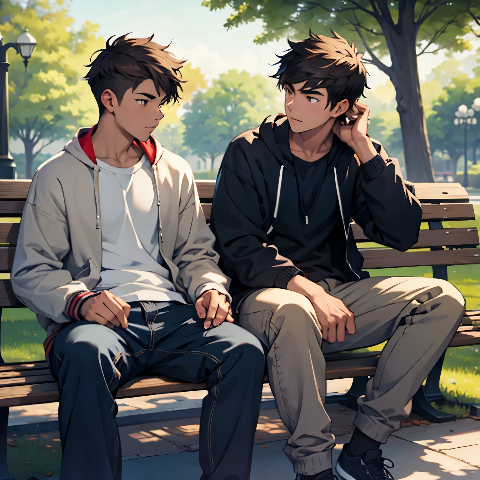 teenage boy sitting with his male friend on a park bench