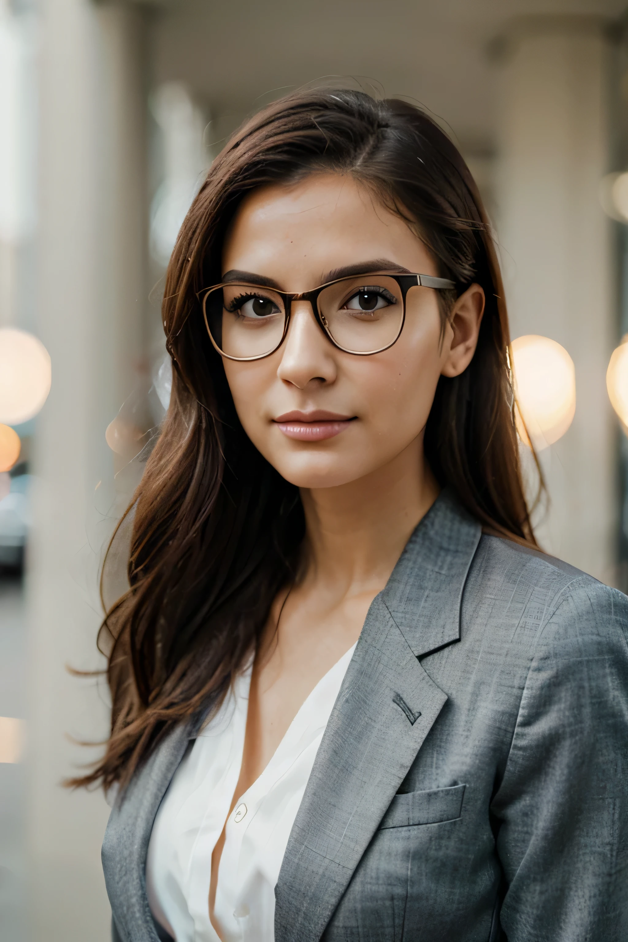 face of a stylish woman in glasses and realistic business clothes