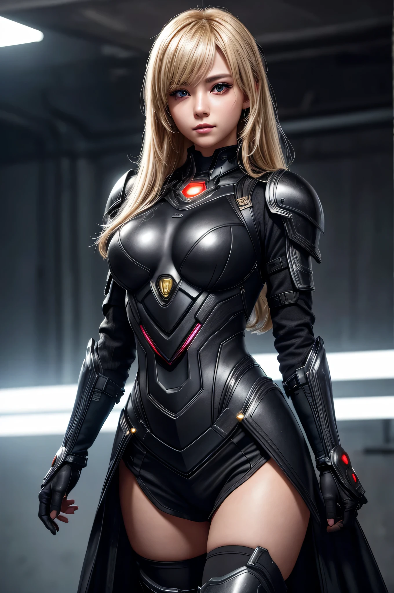 Highest image quality、8K Masterpiece、ultra high resolution、(Photorealsitic:1.3)、Raw photo、1 girl、golden hair、glowing skin、1 super beautiful cyberpunk soldier、((Super realistic details))、Portrait、global illumination、shadow、octane rendering、8K、ultra sharp、beautiful breastetal、cool color、very intricate details、realistic light、CG Society Trend、beautiful eyes、shining eyes、facing the camera、neon details、dark armor dress, show viewer, dark colored gloves, hair between eyes, black dress, chest plate, black armor, medium hair, blonde