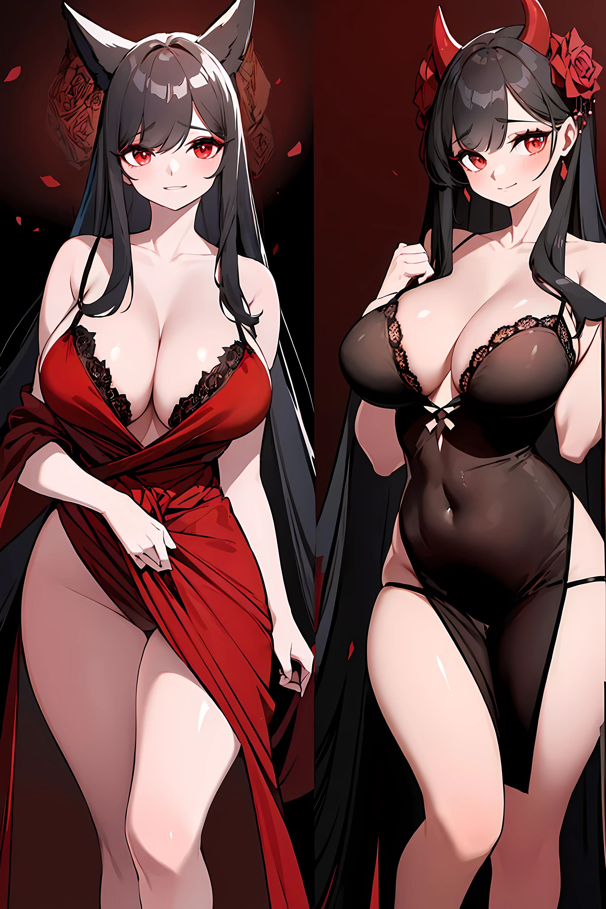 (8k,high resolution,masterpiece:1.2),devil girl,red corner,beautiful and delicate eyes,Beautiful and delicate lips,Extremely detailed eyes and face,long eyelashes,Sexy long black hair,fiery red eyes,Wearing a dark flowing robe,Floating in a misty forest under the moonlight,Red eyes penetrate the darkness,The soft and ethereal light reflects her graceful figure,Subtle shadows dance around her,Red rose surrounded by thorns vines,A sinister yet fascinating presence...,Depicted with dark and dramatic chiaroscuro lighting,Create an unforgettable and charming atmosphere,A clever fusion of traditional oil painting and digital art,evoke a sense of mystery and,Perfectly capturing the beauty and darkness of the Enchantress,lace dress，yukata,Lace lingerie