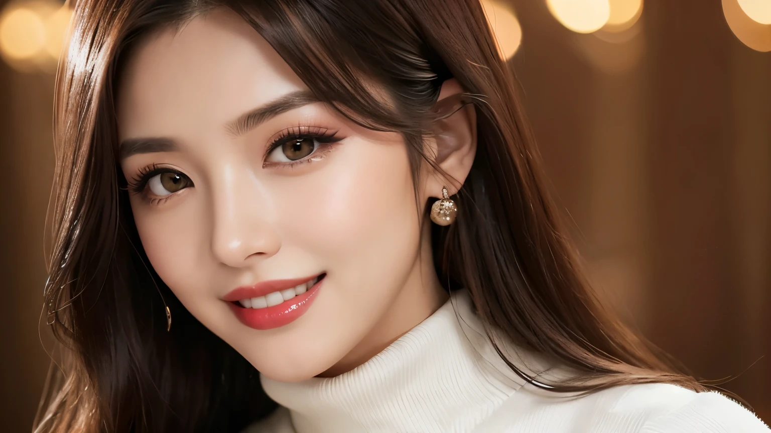 (highest quality、table top、8k、best image quality、Award-winning work)、(1 pretty girl:1.1)、(Perfect turtleneck red long knit sweater:1.2)、(red eyeshadow:1.2)、perfect makeup、long eyelashes、Super high-definition sparkling eyes、ultra high definition hair、ultra high resolution glossy lips、Super high resolution perfect teeth、Super high resolution cute face、(Super high resolution perfect teeth:1.1)、(elegant wavy long hair:1.1)、look at me and smile、(accurate anatomy:1.1)、(close up of face:1.5)、Luxury love hotel、(The most moody warm lighting:1.2)、blurred background