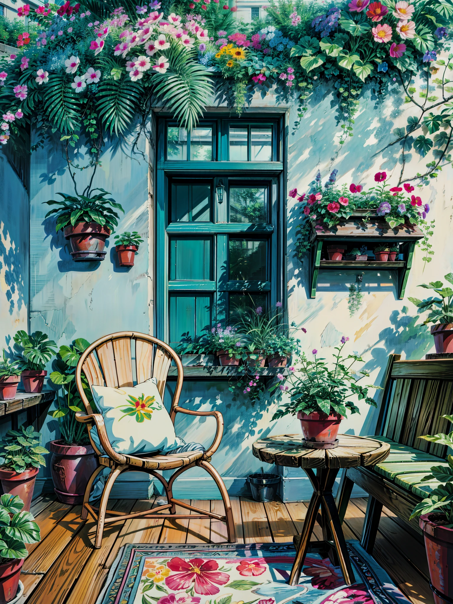 a painting of a patio with a table, chairs, and potted plants, beautiful terrace, cute style garden, flowery cottage, beatiful house, with colorful flowers and plants, beautiful garden, green terrace, lush chic garden, lush flowery outdoors, outdoor design, window with flower box, plants on balconies, floral environment, beautiful plants, realistic garden, relaxing environment, 4k hd,, beautiful art uhd 4 k, a beautiful artwork illustration, beautiful digital painting, highly detailed digital painting, beautiful digital artwork, detailed painting 4 k, very detailed digital painting, rich picturesque colors, gorgeous digital painting, no human