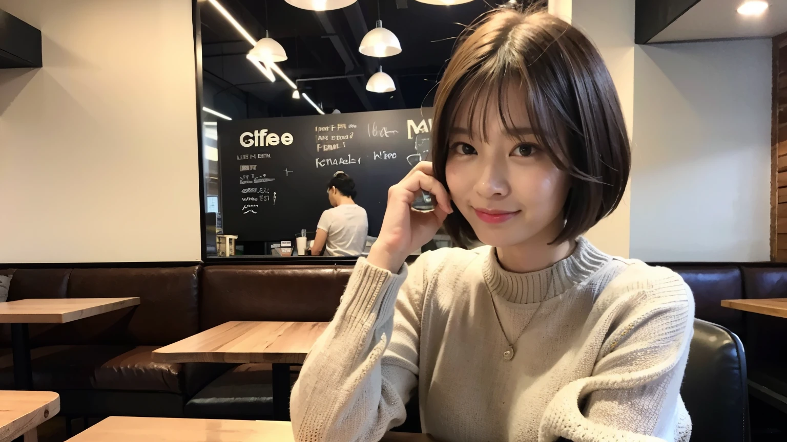 (最high quality、8k、32K、masterpiece:1.2)、A photo of a female college student who looks like a cute model、normal breasts、short bob hair、Upper body、face focus、extra large_sweater、necklace、look at the audience、background a trendy coffee shop with a unique aesthetic and atmosphere. Incorporate elements like modern furniture, artistic decoration, and ambient lighting to enhance the ambiance. People who enjoy drinks々Consider including, engaging in conversation, or quietly working on laptops. Let your creativity flow、In this chic café setting「stable diffusion」Let the idea come to life, I can see other customers enjoying themselves too..。At the back of the cafe、Staff are busy working at the counter.、Feel the vibrancy and warmth of a city cafe.., sharp focus, 1 girl, sexy 1.2, brown hair, With bangs, fine eyes, Beautiful eyes with long slits, double eyelid, (cat face), (cute Face), cute Smile, (close your mouth), (cute), soft skin, surreal, Super detailed, high quality, (Beautiful female college student with short hair studying in a cafe), ((Detailed very cute college girl), 