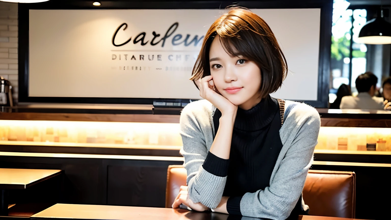 (最high quality、8k、32K、masterpiece:1.2)、A photo of a female college student who looks like a cute model、normal breasts、short bob hair、Upper body、face focus、extra large_sweater、necklace、look at the audience、background a trendy coffee shop with a unique aesthetic and atmosphere. Incorporate elements like modern furniture, artistic decoration, and ambient lighting to enhance the ambiance. People who enjoy drinks々Consider including, engaging in conversation, or quietly working on laptops. Let your creativity flow、In this chic café setting「stable diffusion」Let the idea come to life, I can see other customers enjoying themselves too..。At the back of the cafe、Staff are busy working at the counter.、Feel the vibrancy and warmth of a city cafe.., sharp focus, 1 girl, sexy 1.2, brown hair, With bangs, fine eyes, Beautiful eyes with long slits, double eyelid, (cat face), (cute Face), cute Smile, (close your mouth), (cute), soft skin, surreal, Super detailed, high quality, (Beautiful female college student with short hair studying in a cafe), ((Detailed very cute college girl), 