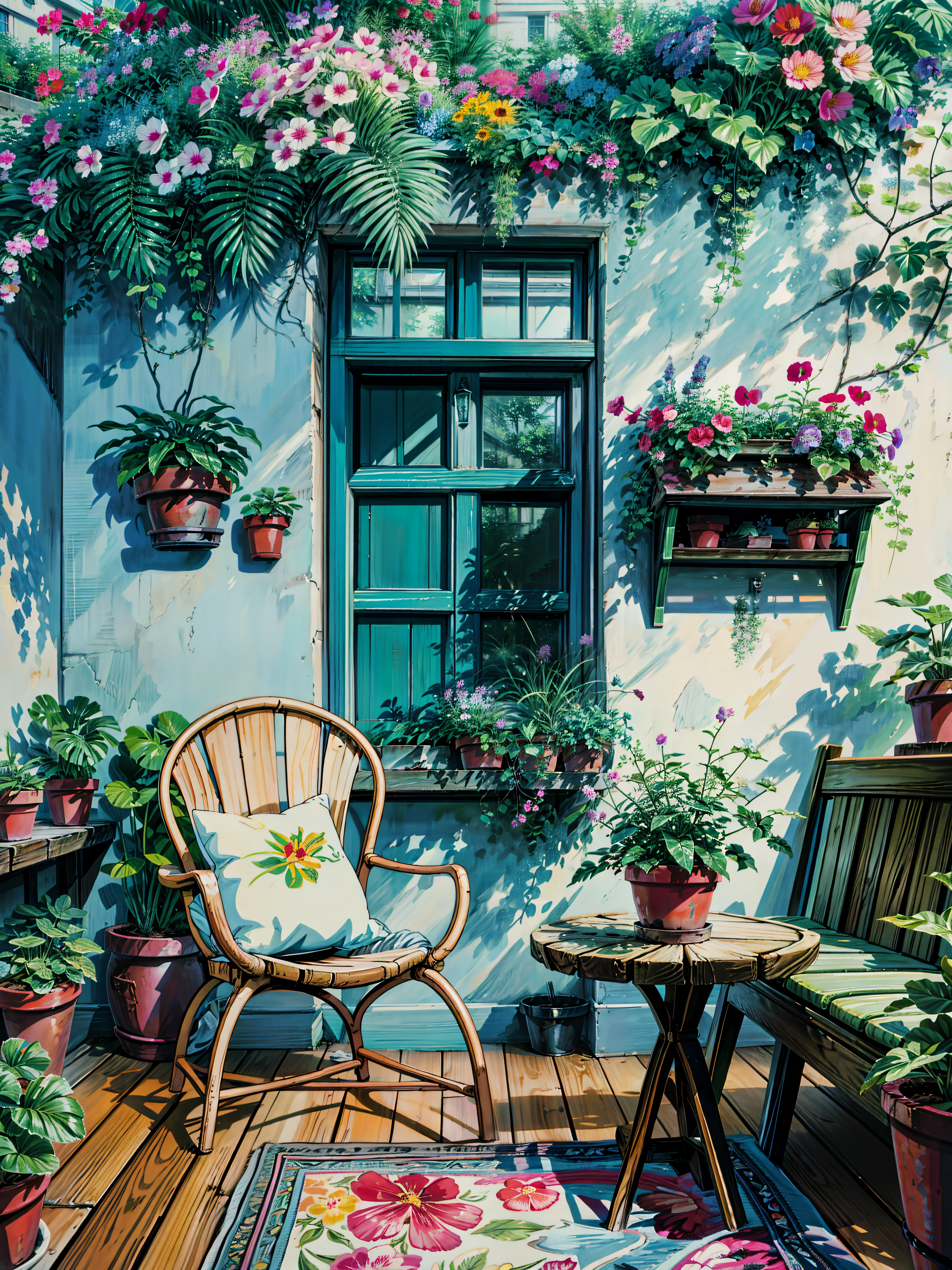 a painting of a patio with a table, chairs, and potted plants, beautiful terrace, cute style garden, flowery cottage, beatiful house, with colorful flowers and plants, beautiful garden, green terrace, lush chic garden, lush flowery outdoors, outdoor design, window with flower box, plants on balconies, floral environment, beautiful plants, realistic garden, relaxing environment, 4k hd,, beautiful art uhd 4 k, a beautiful artwork illustration, beautiful digital painting, highly detailed digital painting, beautiful digital artwork, detailed painting 4 k, very detailed digital painting, rich picturesque colors, gorgeous digital painting, no human