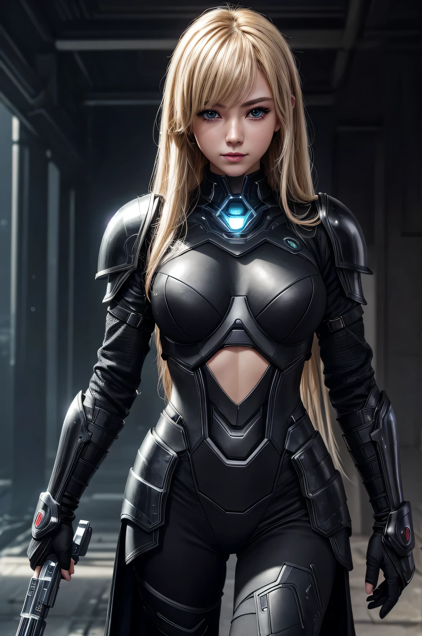 Highest image quality、8K Masterpiece、ultra high resolution、(Photorealsitic:1.3)、Raw photo、1 girl、golden hair、glowing skin、1 super beautiful cyberpunk soldier、((Super realistic details))、Portrait、global illumination、shadow、octane rendering、8K、ultra sharp、beautiful breastetal、cool color、very intricate details、realistic light、CG Society Trend、beautiful eyes、shining eyes、facing the camera、neon details、dark armor dress, show viewer, dark colored gloves, hair between eyes, black dress, chest plate, black armor, medium hair, blonde