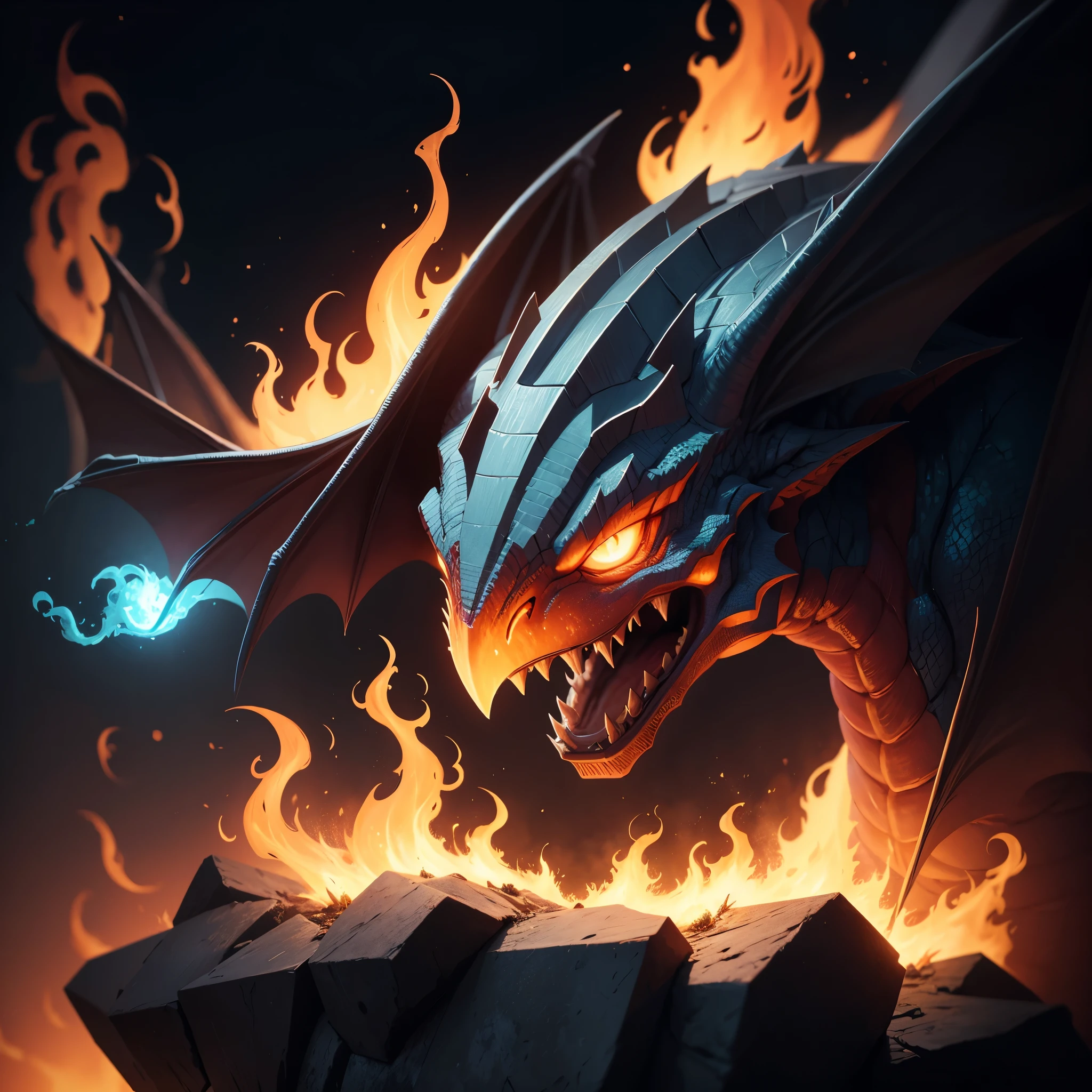 A pixel art dragon (blocky) breathes fire, a video game title in the flames