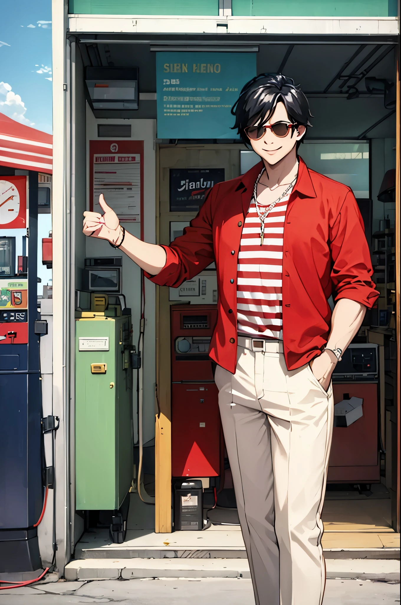 A man wearing a red and beige striped cotton shirt from the 1950s, wearing white pants, wearing sunglasses, straight black hair, smiling, at a gas station from the 1950s, day