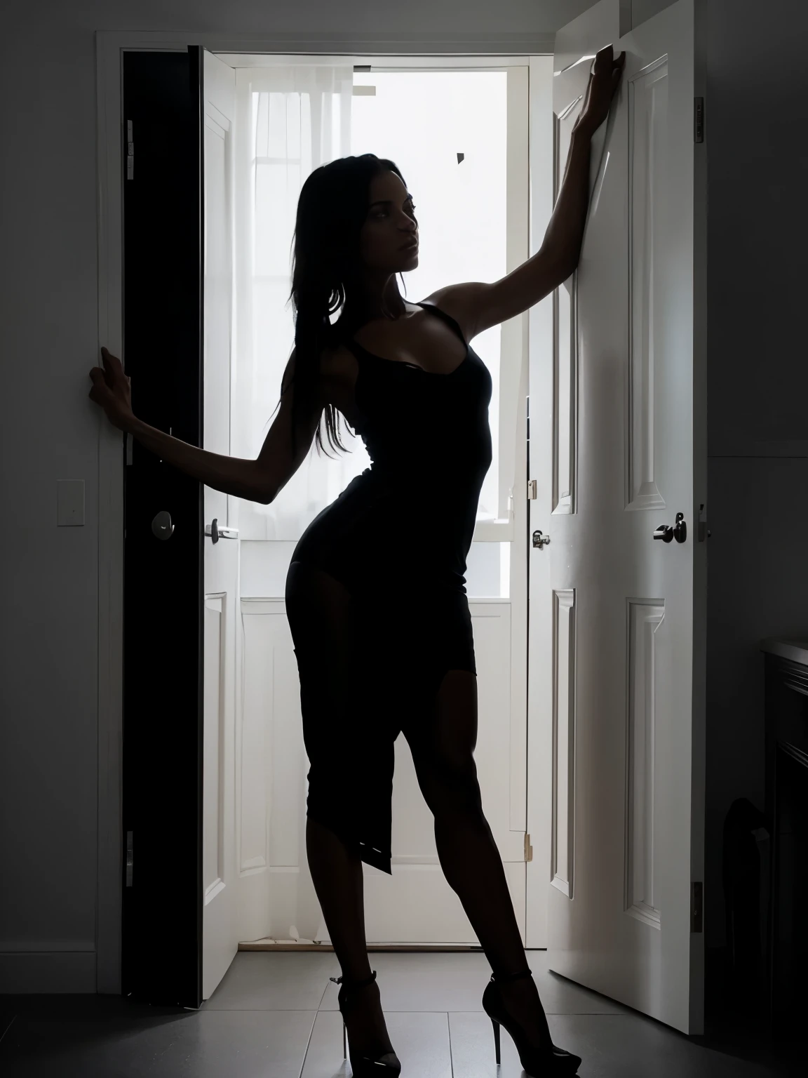 in a dark room,(a naked girl )(with fishnet stockings) is illuminated a light that enters ((from the windows)) black and white photo